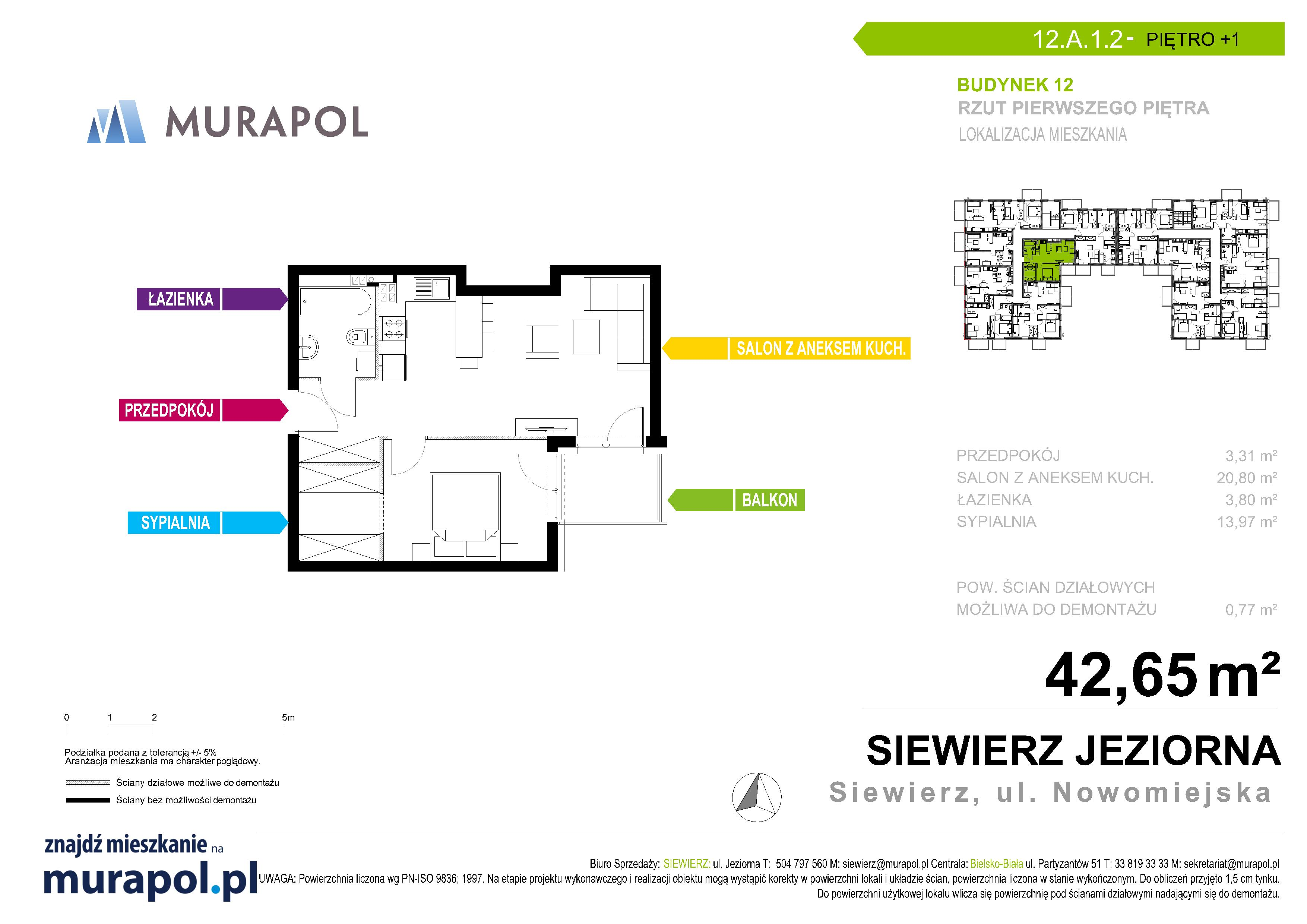 Mieszkanie 42,65 m², piętro 1, oferta nr 12.A.1.2, Murapol Siewierz Jeziorna - Gotowe mieszkania, Siewierz, ul. Jeziorna 153-idx