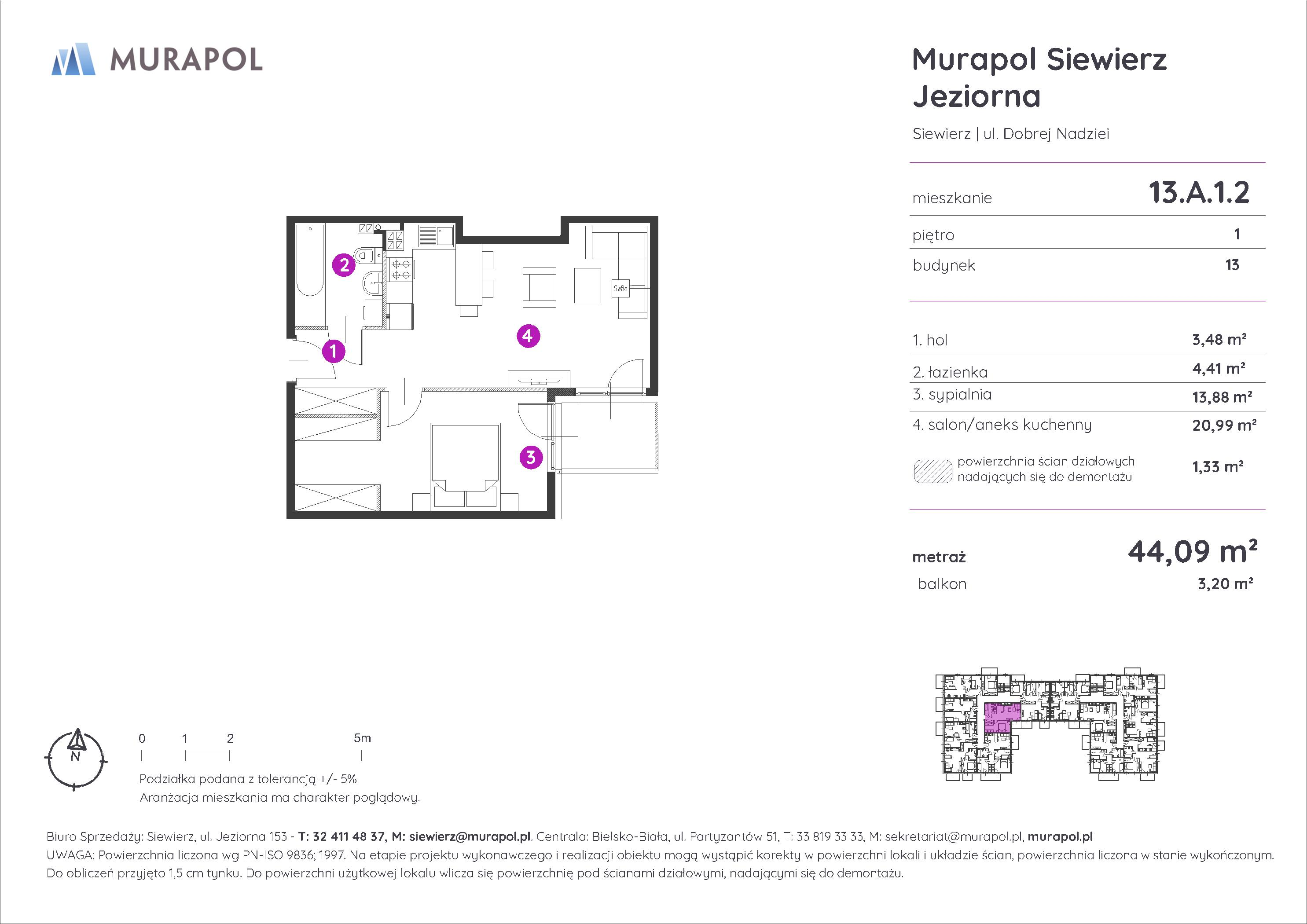 Mieszkanie 44,09 m², piętro 1, oferta nr 13.A.1.2, Murapol Siewierz Jeziorna - Gotowe mieszkania, Siewierz, ul. Jeziorna 153-idx