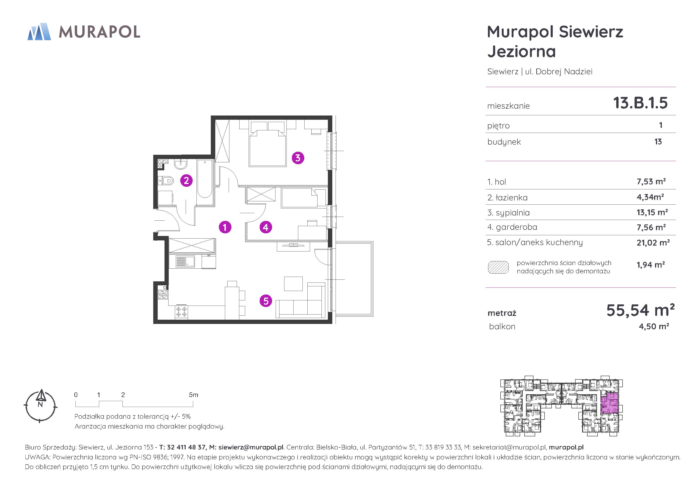 Mieszkanie 55,54 m², piętro 1, oferta nr 13.B.1.5, Murapol Siewierz Jeziorna - Gotowe mieszkania, Siewierz, ul. Jeziorna 153-idx