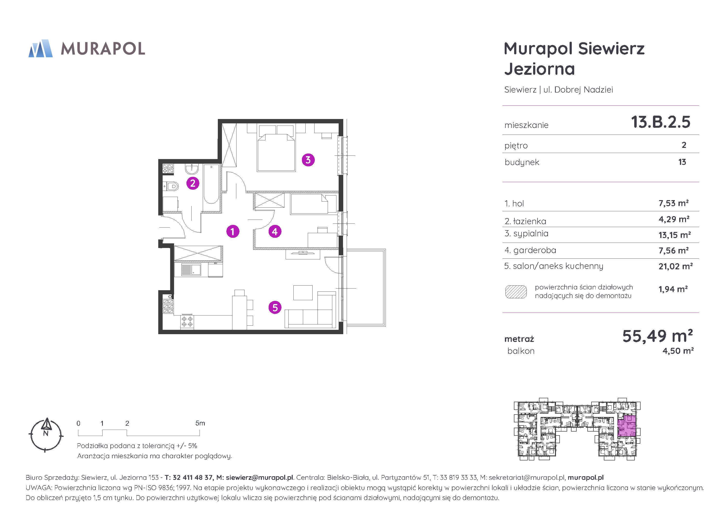 Mieszkanie 55,49 m², piętro 2, oferta nr 13.B.2.5, Murapol Siewierz Jeziorna - Gotowe mieszkania, Siewierz, ul. Jeziorna 153-idx