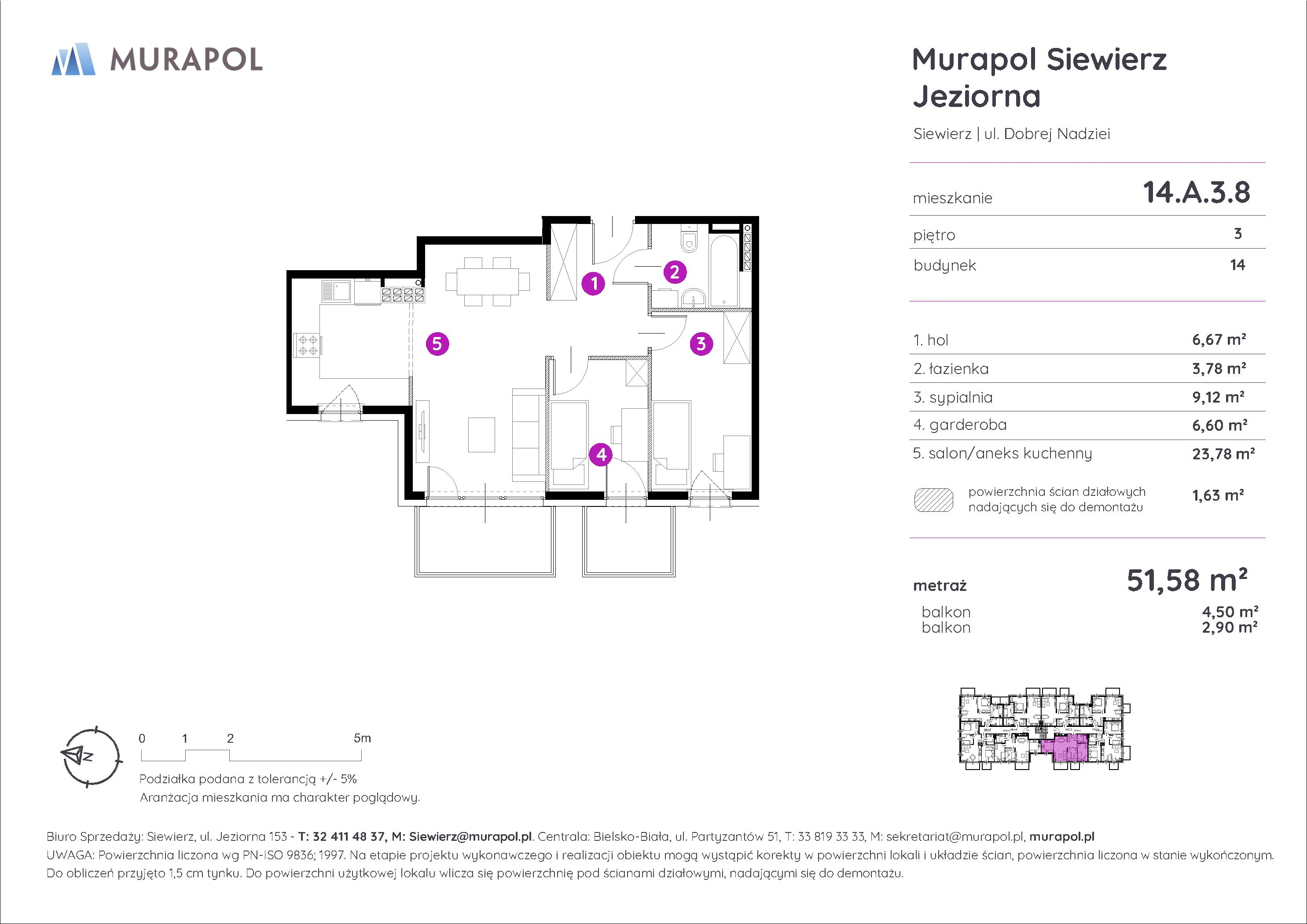 Mieszkanie 51,58 m², piętro 3, oferta nr 14.A.3.8, Murapol Siewierz Jeziorna - Gotowe mieszkania, Siewierz, ul. Jeziorna 153-idx