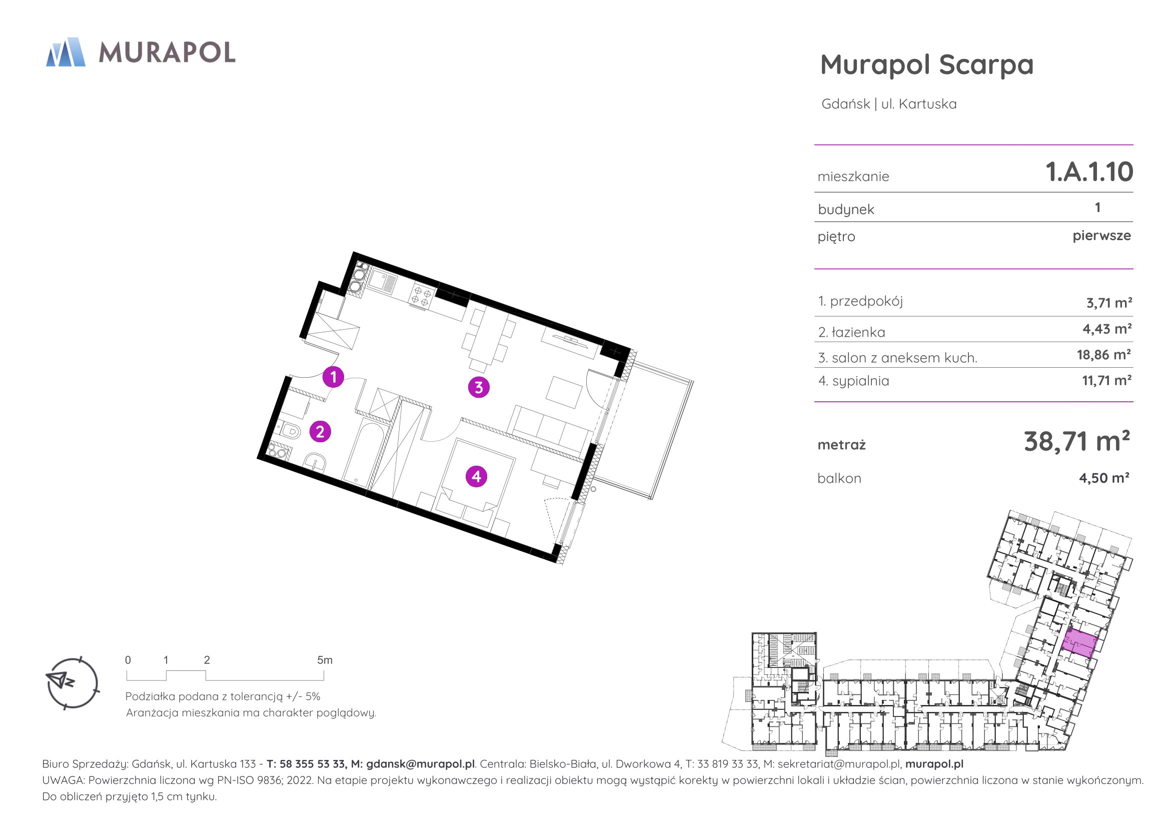 Mieszkanie 38,71 m², piętro 1, oferta nr 1.A.1.10, Murapol Scarpa, Gdańsk, Siedlce, ul. Kartuska-idx