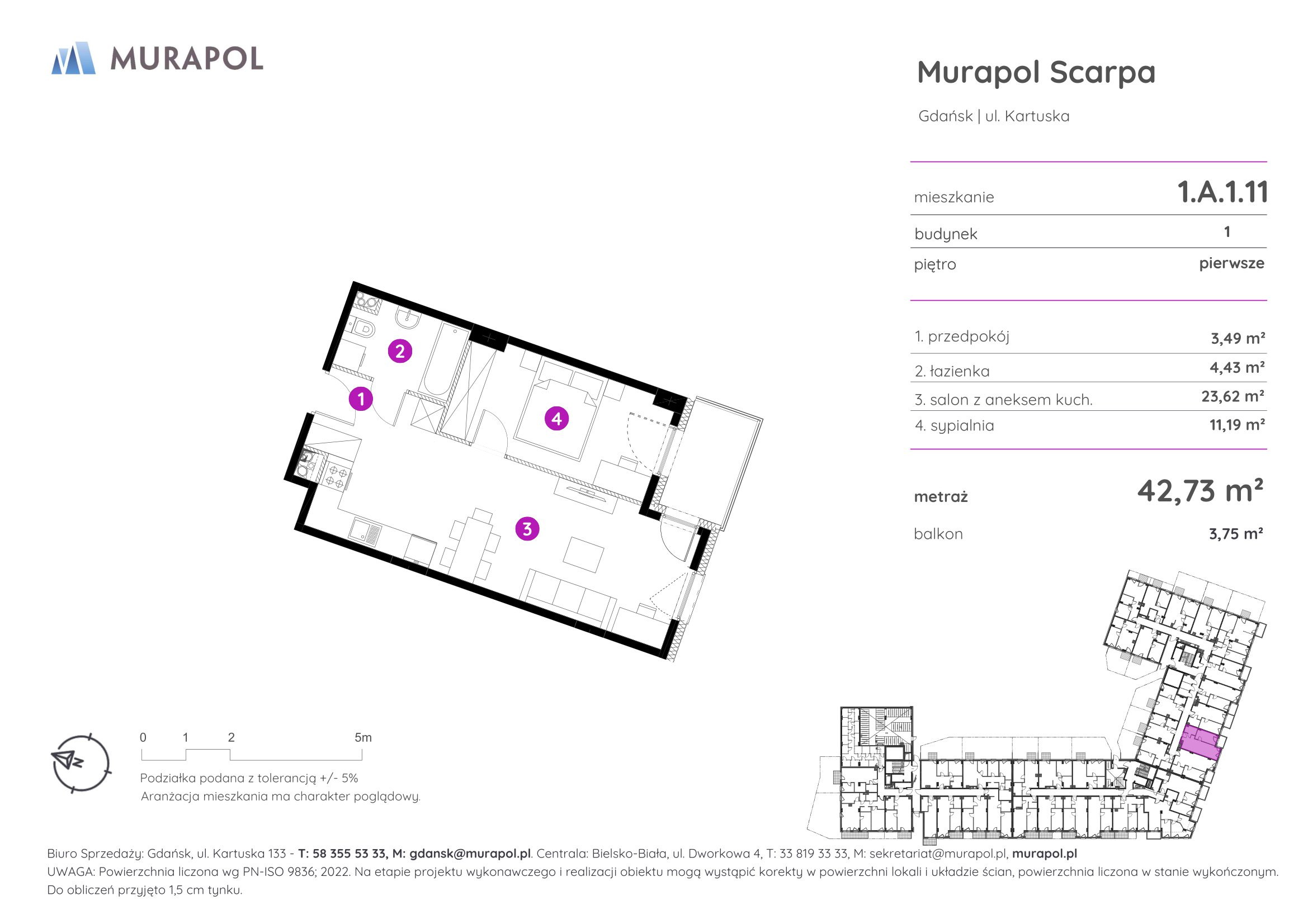 Mieszkanie 42,73 m², piętro 1, oferta nr 1.A.1.11, Murapol Scarpa, Gdańsk, Siedlce, ul. Kartuska-idx