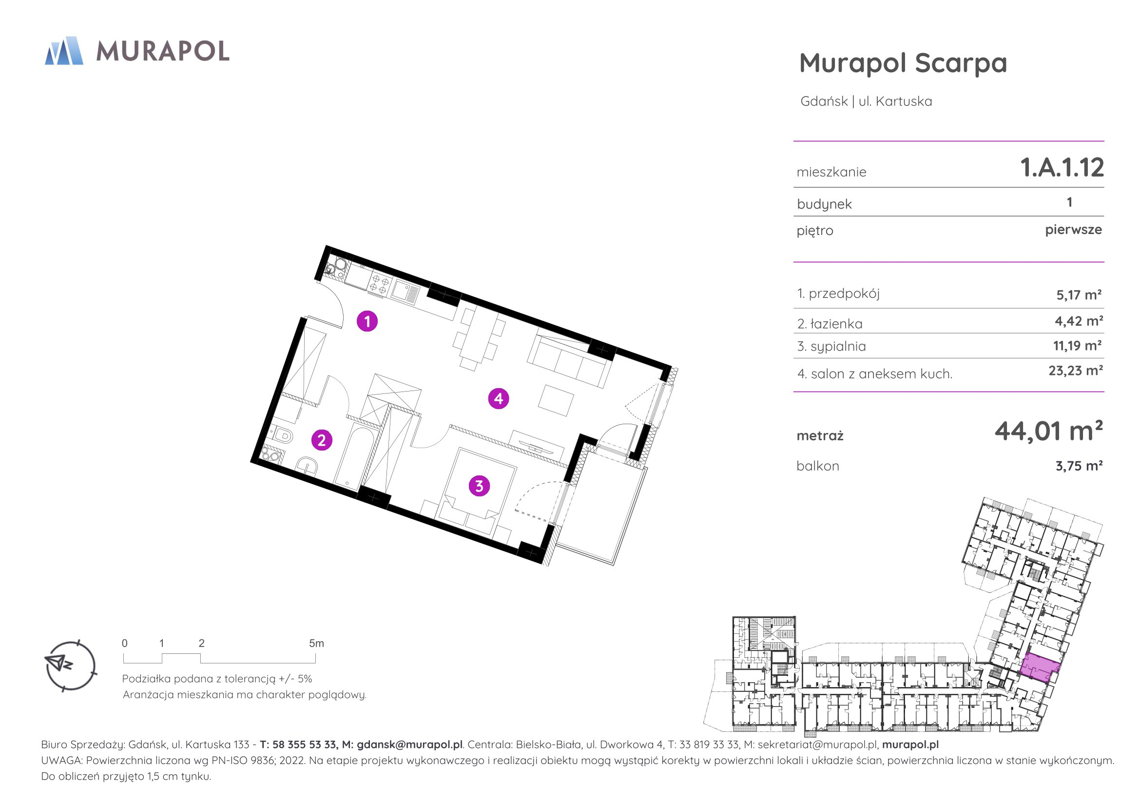 Mieszkanie 44,01 m², piętro 1, oferta nr 1.A.1.12, Murapol Scarpa, Gdańsk, Siedlce, ul. Kartuska-idx