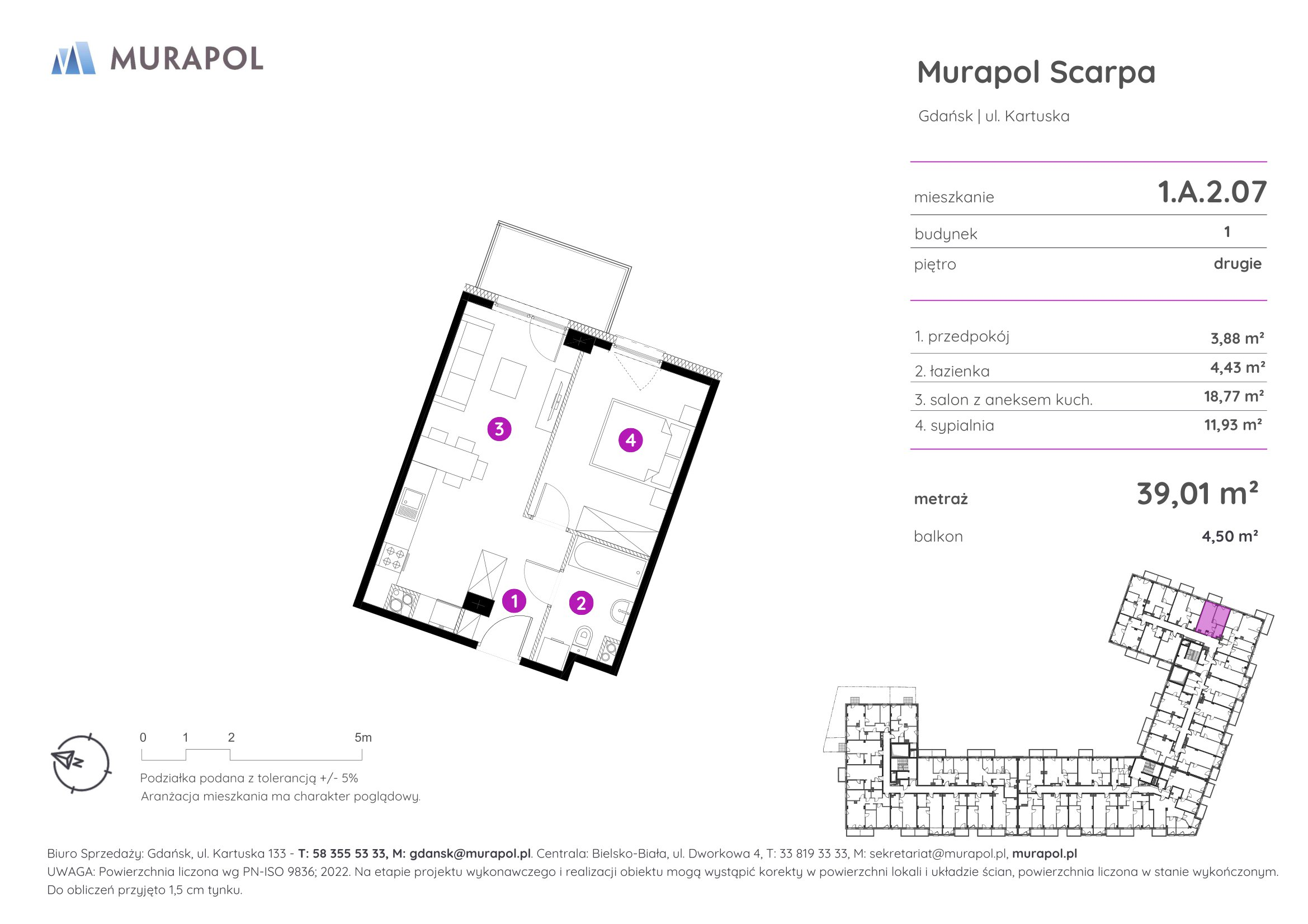 Mieszkanie 39,01 m², piętro 2, oferta nr 1.A.2.07, Murapol Scarpa, Gdańsk, Siedlce, ul. Kartuska-idx