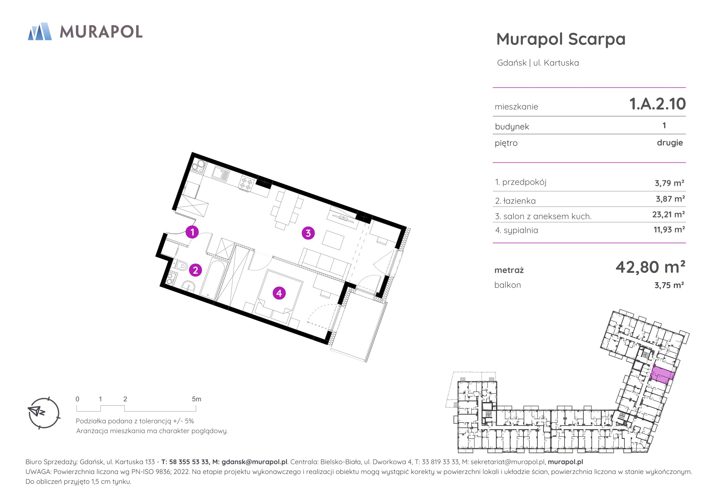 Mieszkanie 42,80 m², piętro 2, oferta nr 1.A.2.10, Murapol Scarpa, Gdańsk, Siedlce, ul. Kartuska-idx