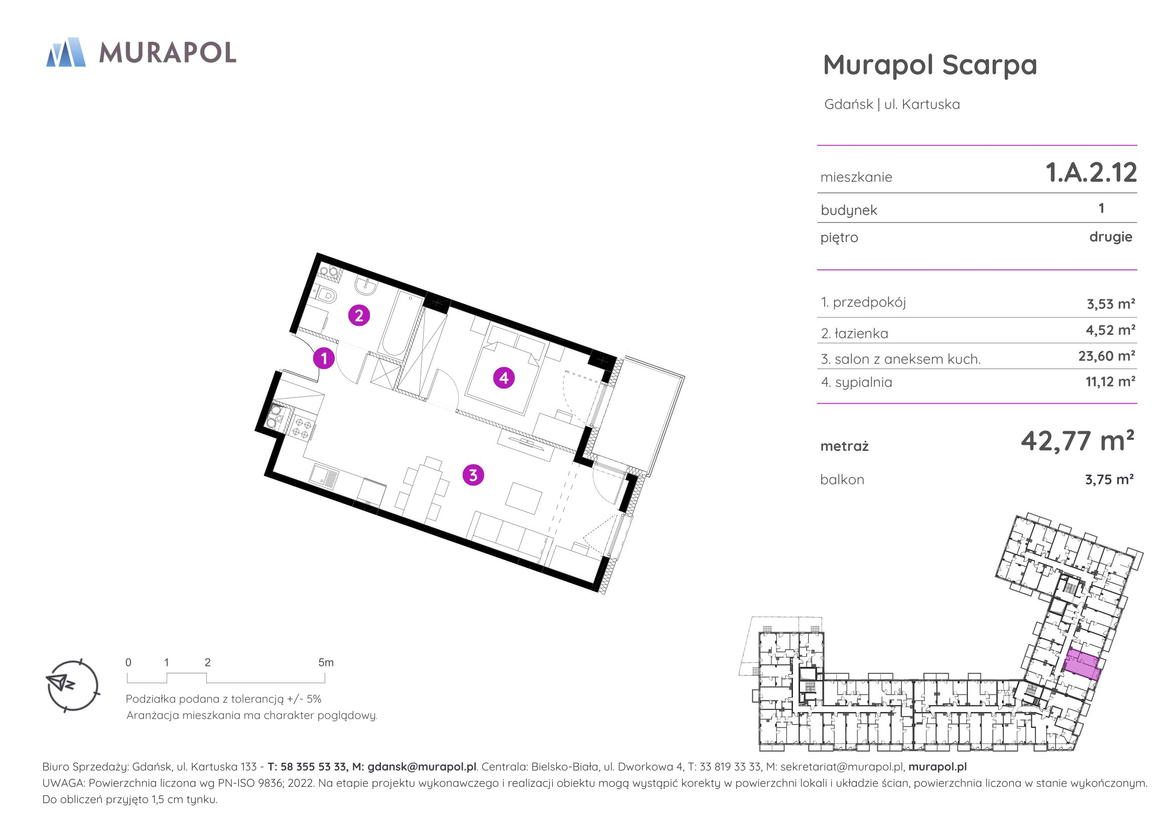 Mieszkanie 42,77 m², piętro 2, oferta nr 1.A.2.12, Murapol Scarpa, Gdańsk, Siedlce, ul. Kartuska-idx