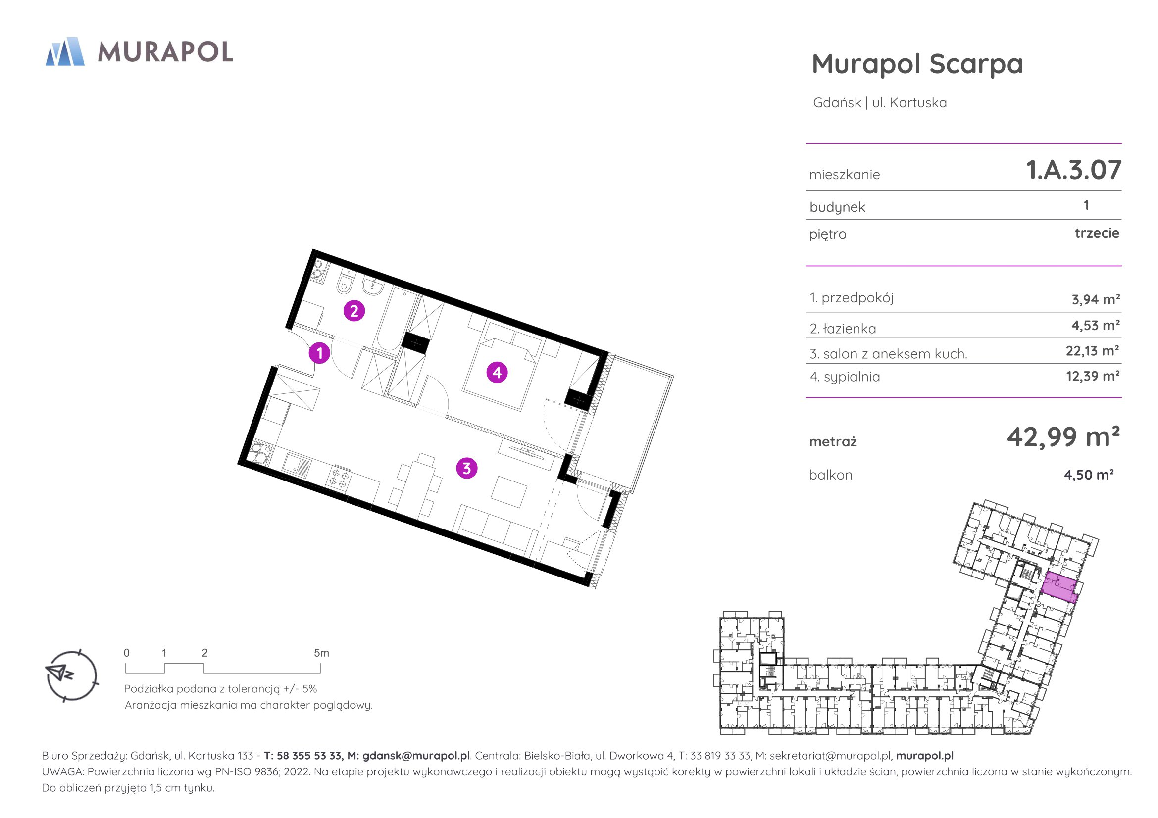 Mieszkanie 42,99 m², piętro 3, oferta nr 1.A.3.07, Murapol Scarpa, Gdańsk, Siedlce, ul. Kartuska-idx