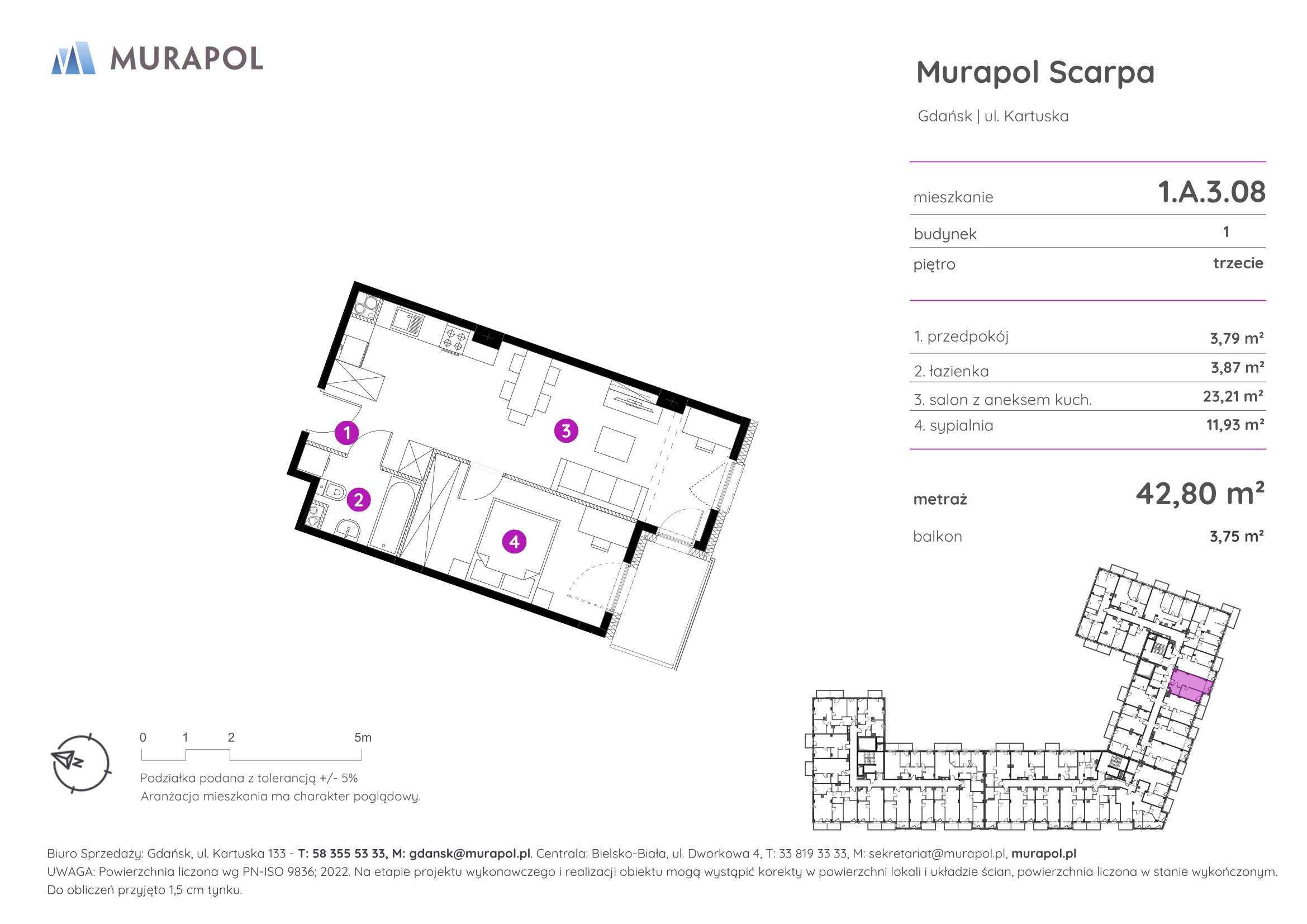 Mieszkanie 42,80 m², piętro 3, oferta nr 1.A.3.08, Murapol Scarpa, Gdańsk, Siedlce, ul. Kartuska-idx