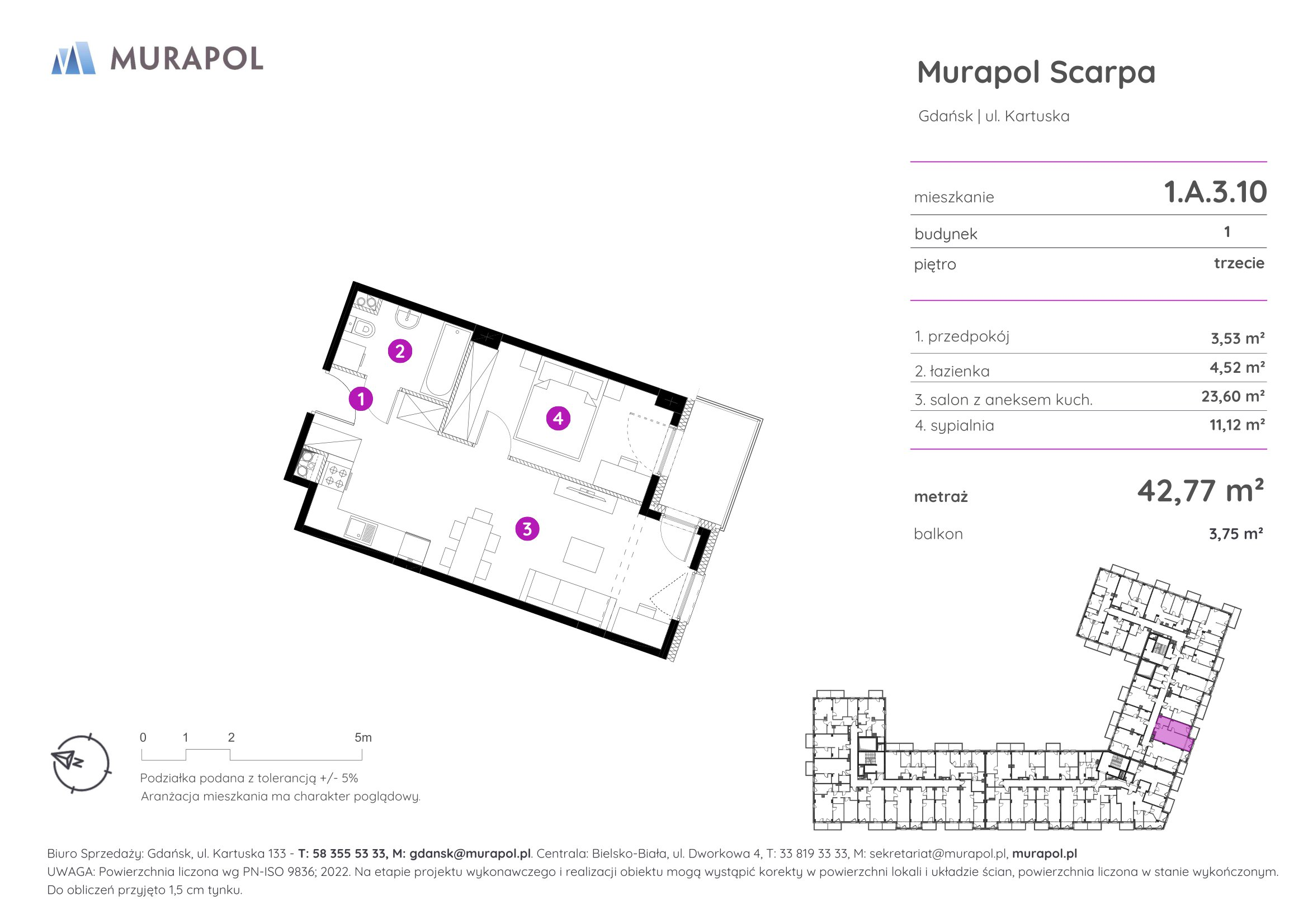 Mieszkanie 42,77 m², piętro 3, oferta nr 1.A.3.10, Murapol Scarpa, Gdańsk, Siedlce, ul. Kartuska-idx