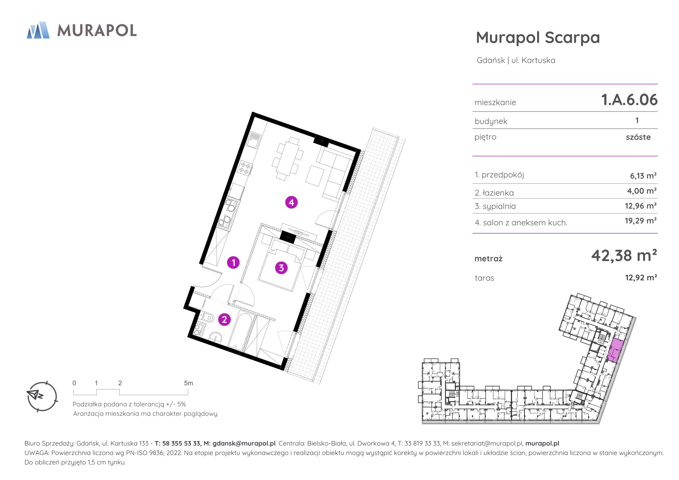 Mieszkanie 42,38 m², piętro 6, oferta nr 1.A.6.06, Murapol Scarpa, Gdańsk, Siedlce, ul. Kartuska-idx