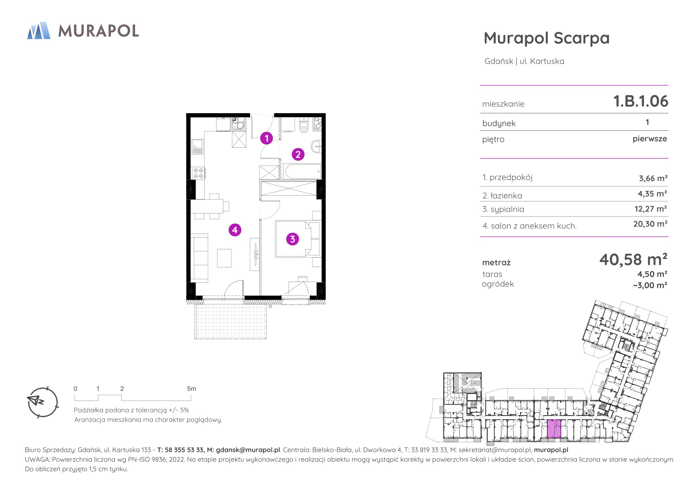 Mieszkanie 40,58 m², piętro 1, oferta nr 1.B.1.06, Murapol Scarpa, Gdańsk, Siedlce, ul. Kartuska-idx