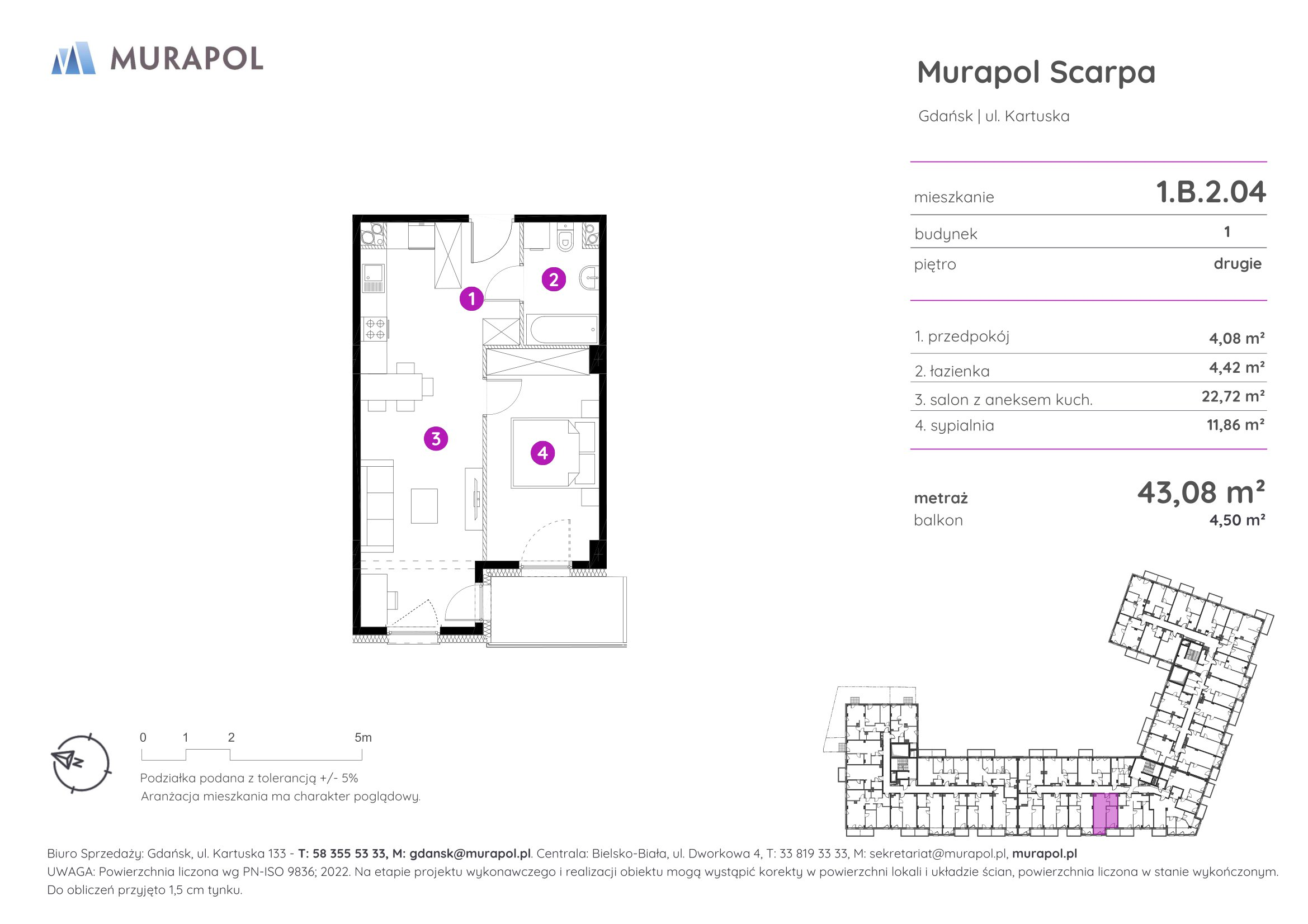 Mieszkanie 43,08 m², piętro 2, oferta nr 1.B.2.04, Murapol Scarpa, Gdańsk, Siedlce, ul. Kartuska-idx