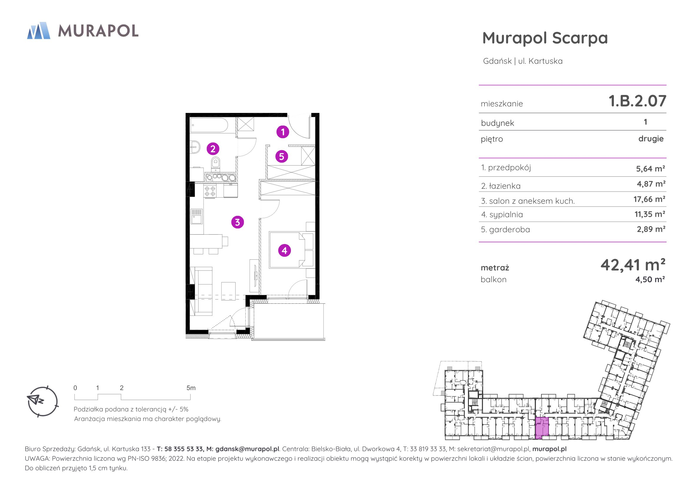 Mieszkanie 42,41 m², piętro 2, oferta nr 1.B.2.07, Murapol Scarpa, Gdańsk, Siedlce, ul. Kartuska-idx