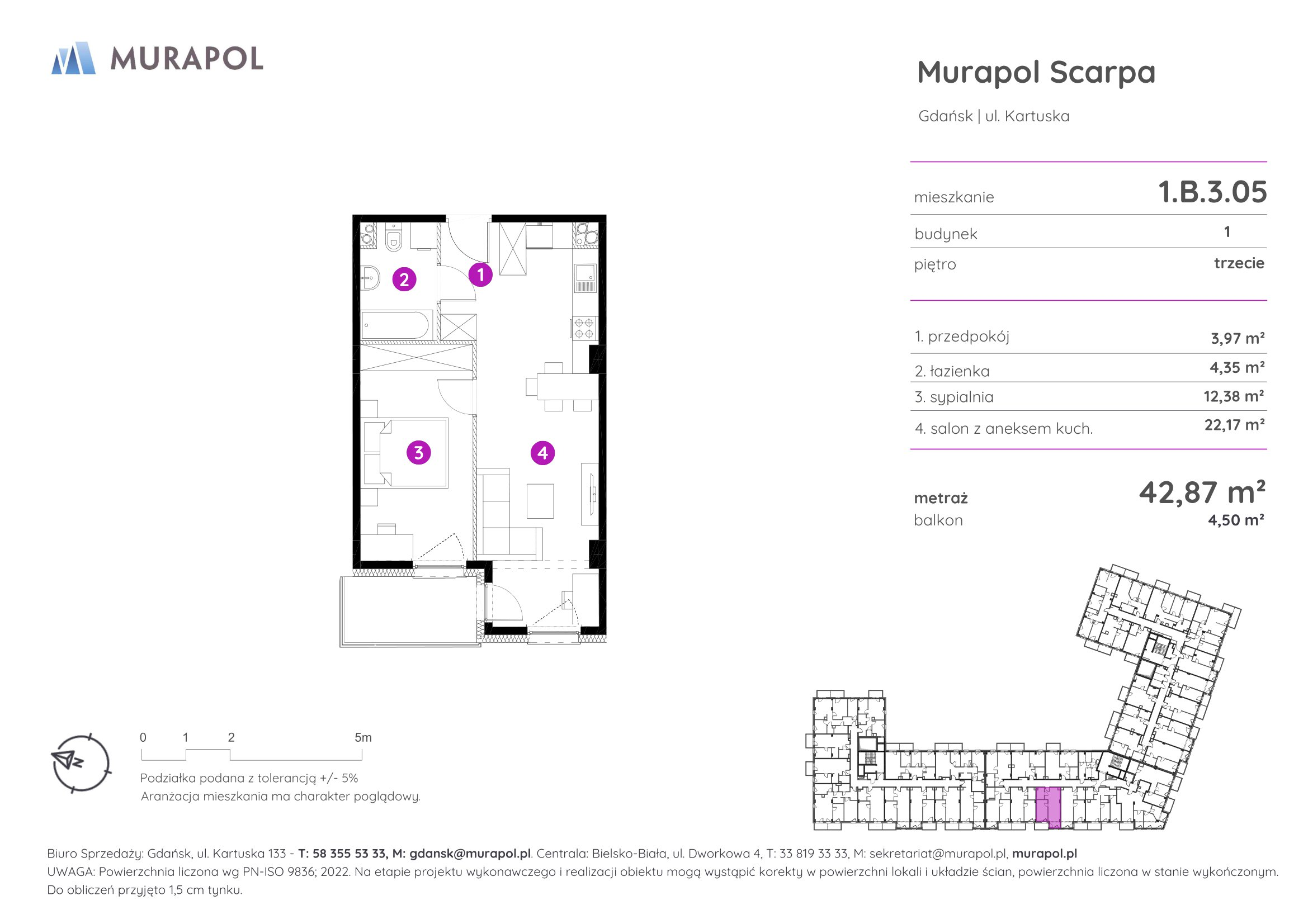 Mieszkanie 42,87 m², piętro 3, oferta nr 1.B.3.05, Murapol Scarpa, Gdańsk, Siedlce, ul. Kartuska-idx