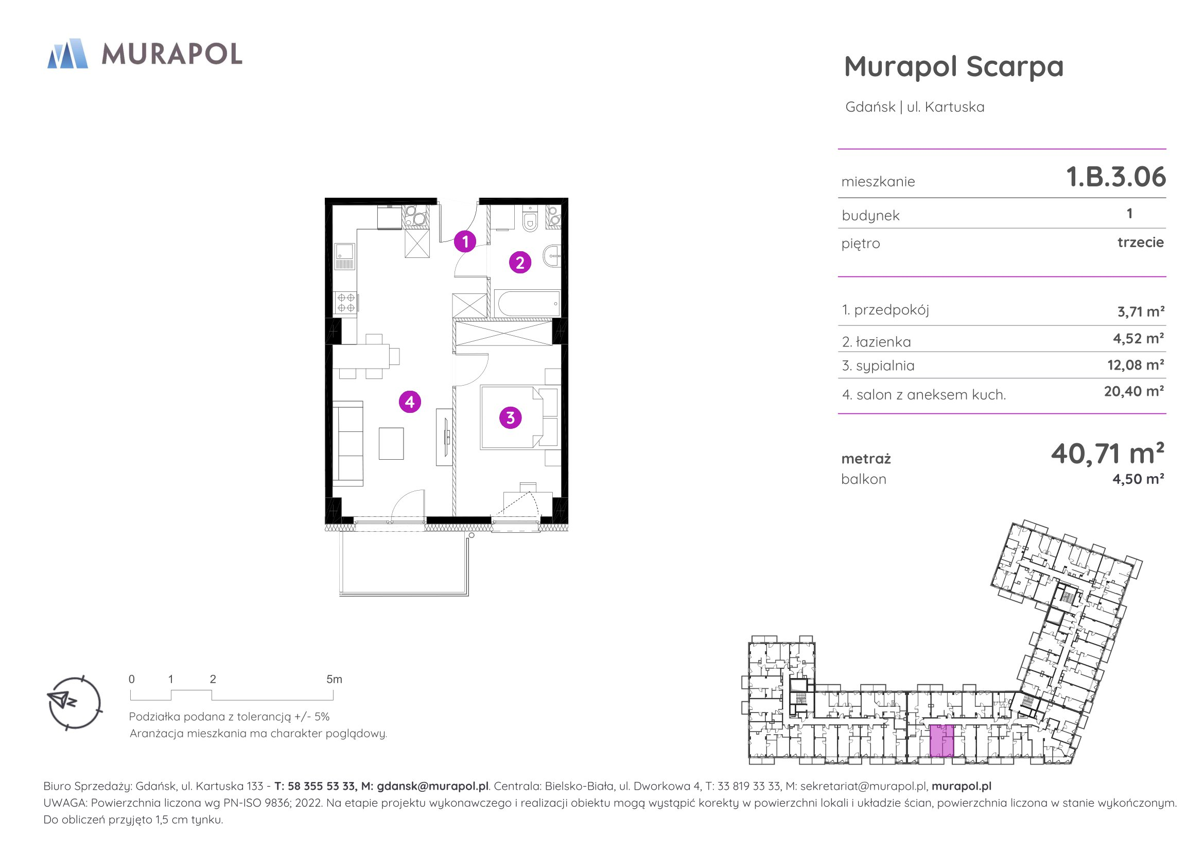 Mieszkanie 40,71 m², piętro 3, oferta nr 1.B.3.06, Murapol Scarpa, Gdańsk, Siedlce, ul. Kartuska-idx