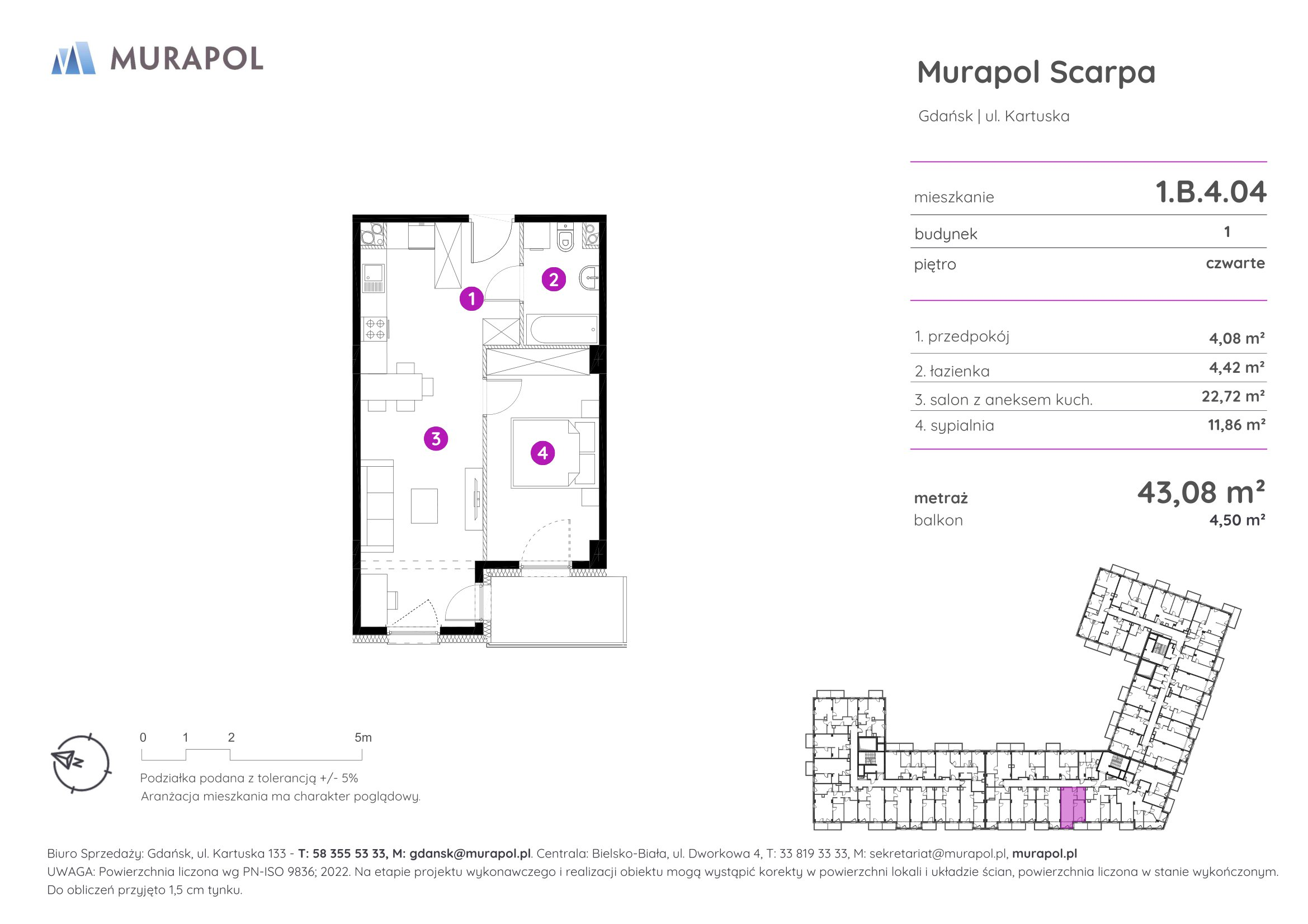 Mieszkanie 43,08 m², piętro 4, oferta nr 1.B.4.04, Murapol Scarpa, Gdańsk, Siedlce, ul. Kartuska-idx