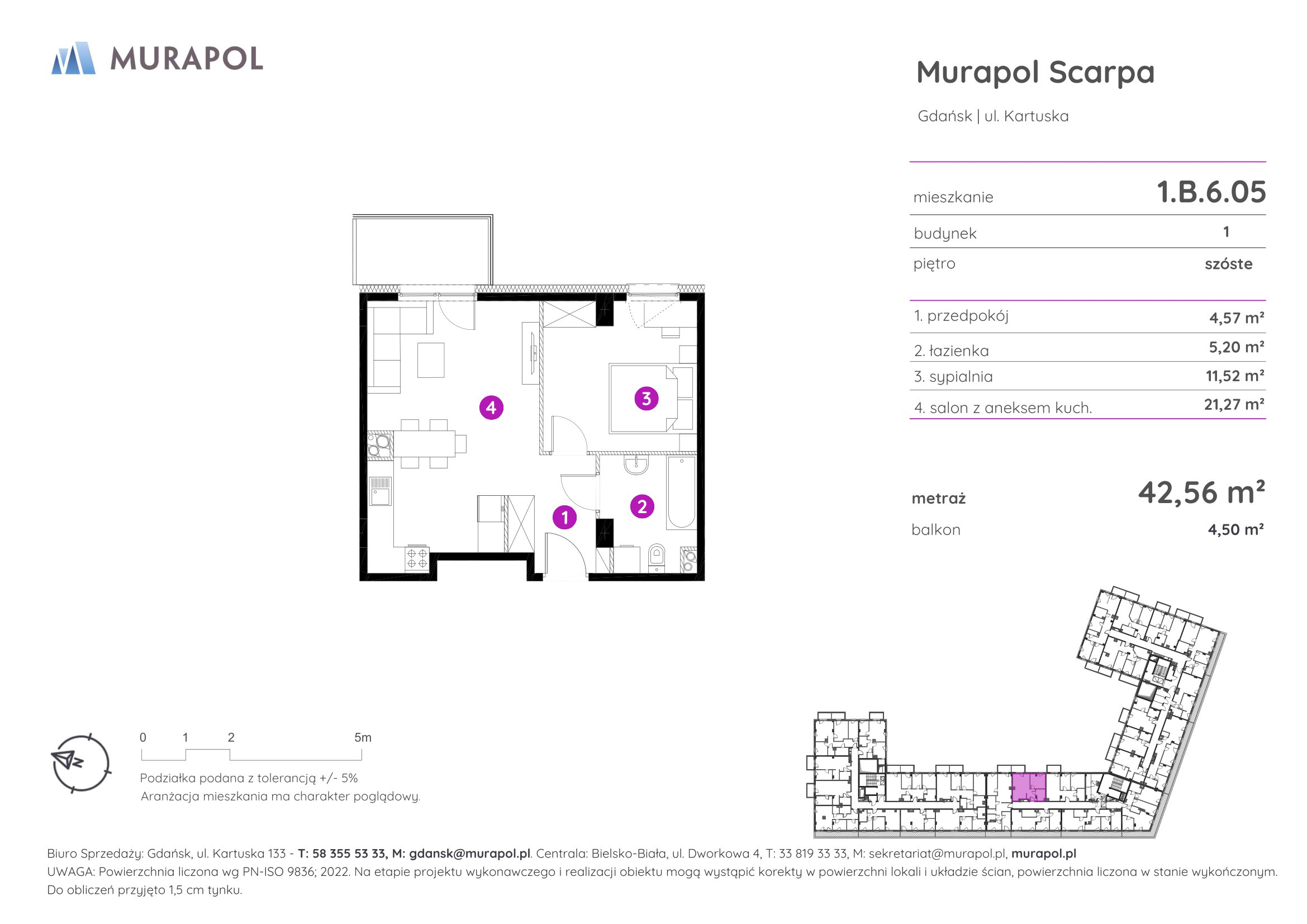 Mieszkanie 42,56 m², piętro 6, oferta nr 1.B.6.05, Murapol Scarpa, Gdańsk, Siedlce, ul. Kartuska-idx