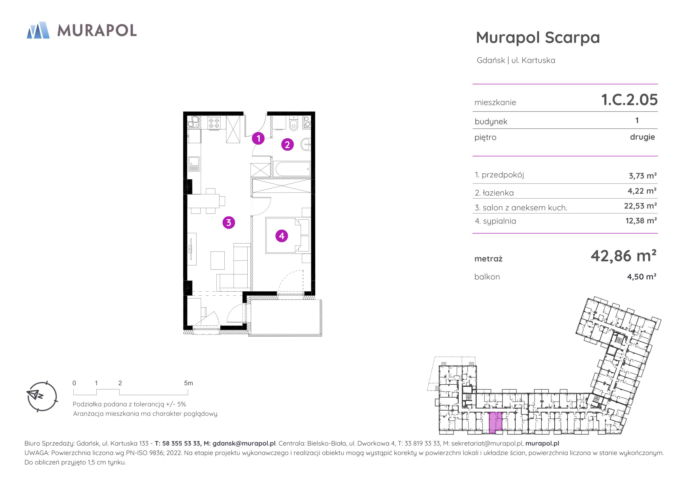 Mieszkanie 42,86 m², piętro 2, oferta nr 1.C.2.05, Murapol Scarpa, Gdańsk, Siedlce, ul. Kartuska-idx