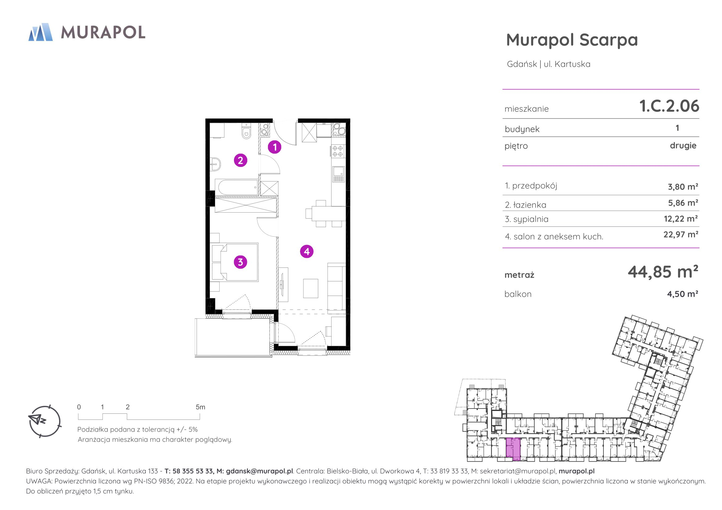 Mieszkanie 44,85 m², piętro 2, oferta nr 1.C.2.06, Murapol Scarpa, Gdańsk, Siedlce, ul. Kartuska-idx