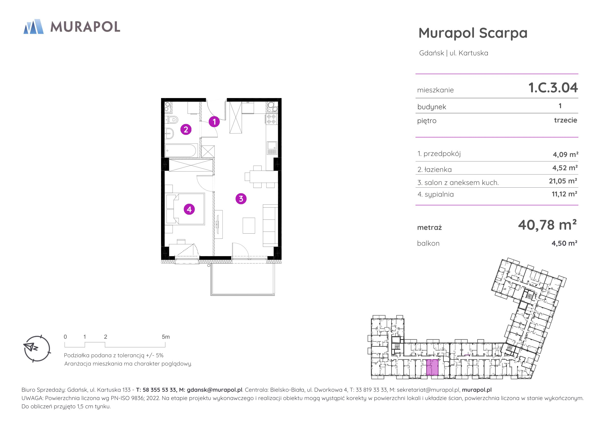 Mieszkanie 40,78 m², piętro 3, oferta nr 1.C.3.04, Murapol Scarpa, Gdańsk, Siedlce, ul. Kartuska-idx