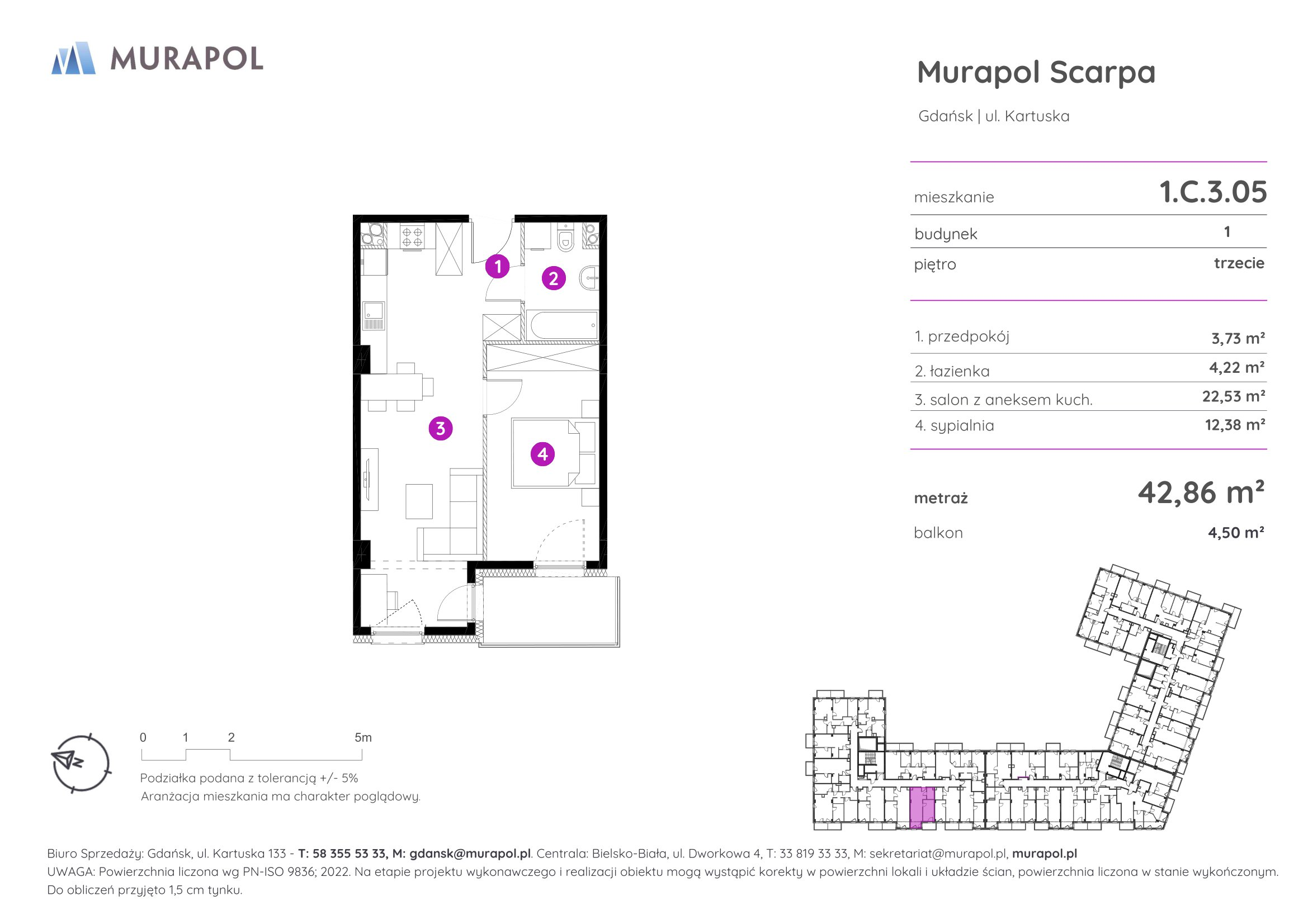 Mieszkanie 42,86 m², piętro 3, oferta nr 1.C.3.05, Murapol Scarpa, Gdańsk, Siedlce, ul. Kartuska-idx