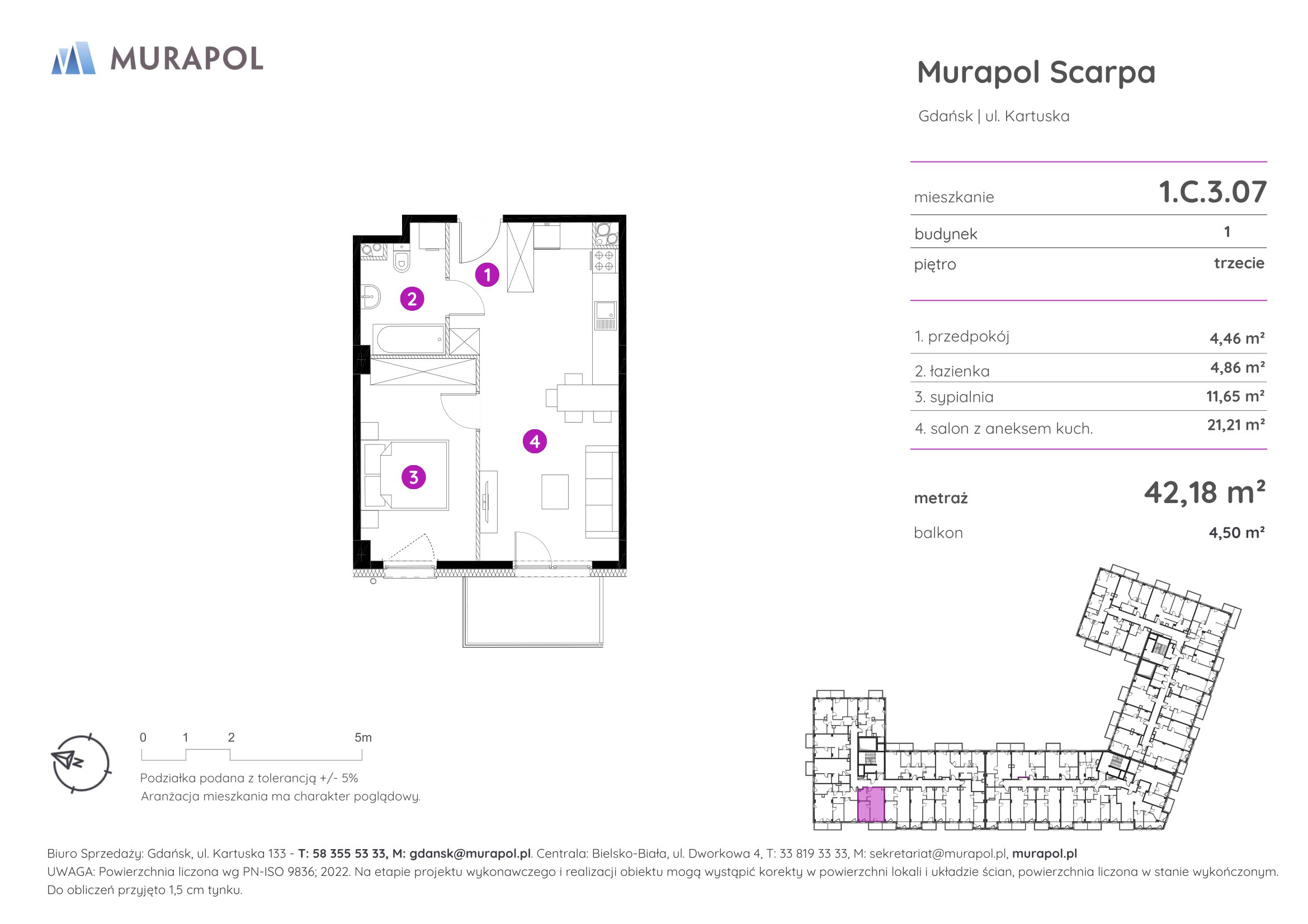 Mieszkanie 42,18 m², piętro 3, oferta nr 1.C.3.07, Murapol Scarpa, Gdańsk, Siedlce, ul. Kartuska-idx