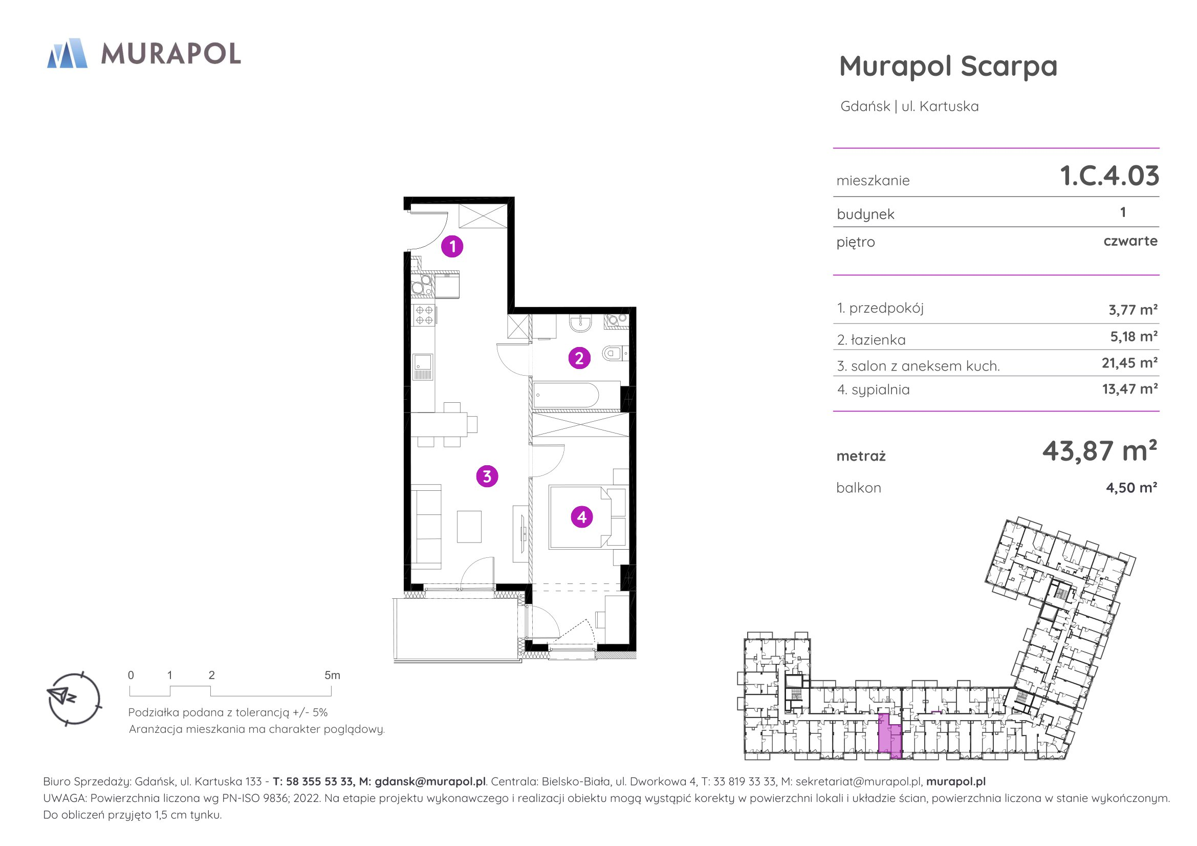 Mieszkanie 43,87 m², piętro 4, oferta nr 1.C.4.03, Murapol Scarpa, Gdańsk, Siedlce, ul. Kartuska-idx