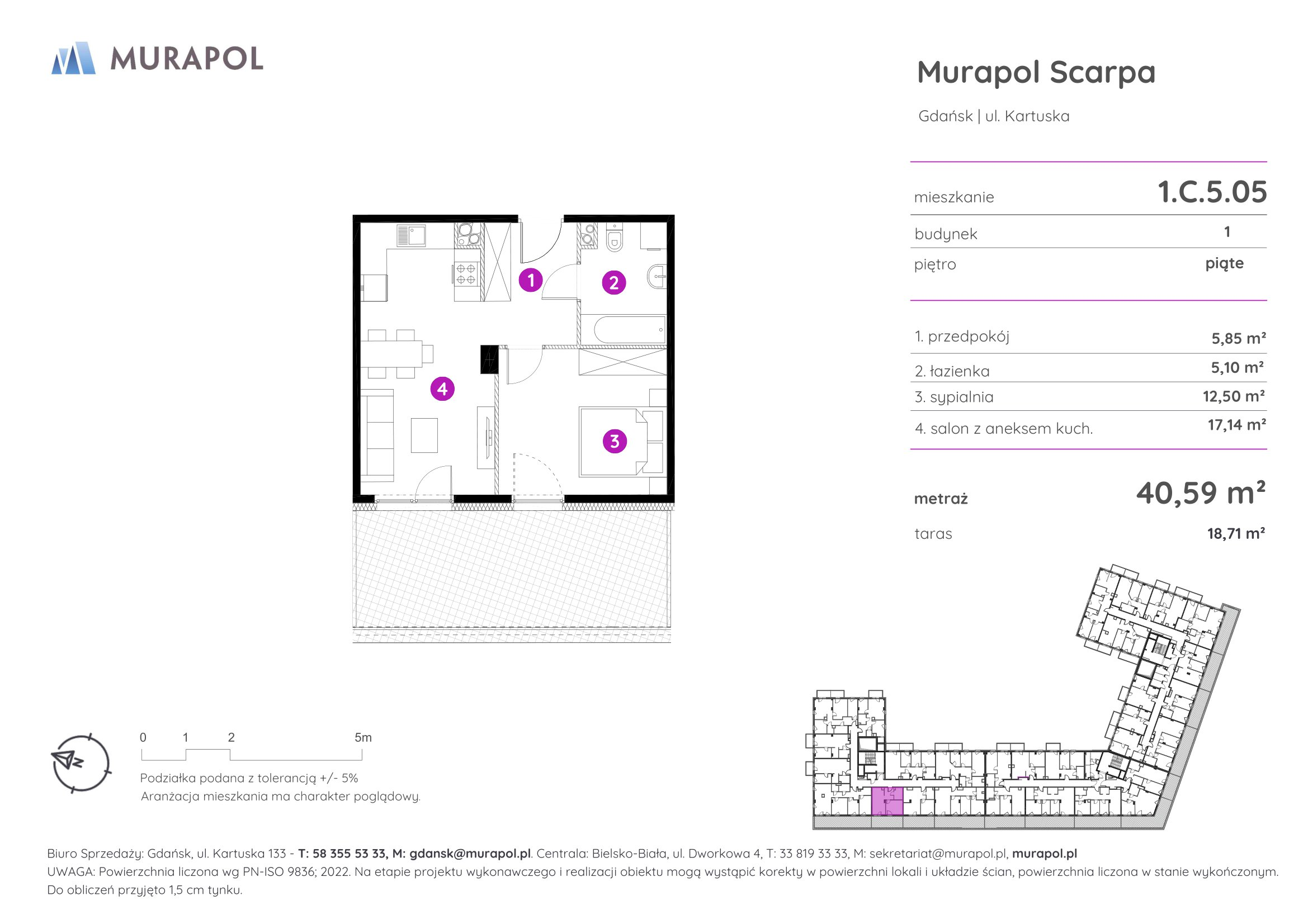 Mieszkanie 40,59 m², piętro 5, oferta nr 1.C.5.05, Murapol Scarpa, Gdańsk, Siedlce, ul. Kartuska-idx