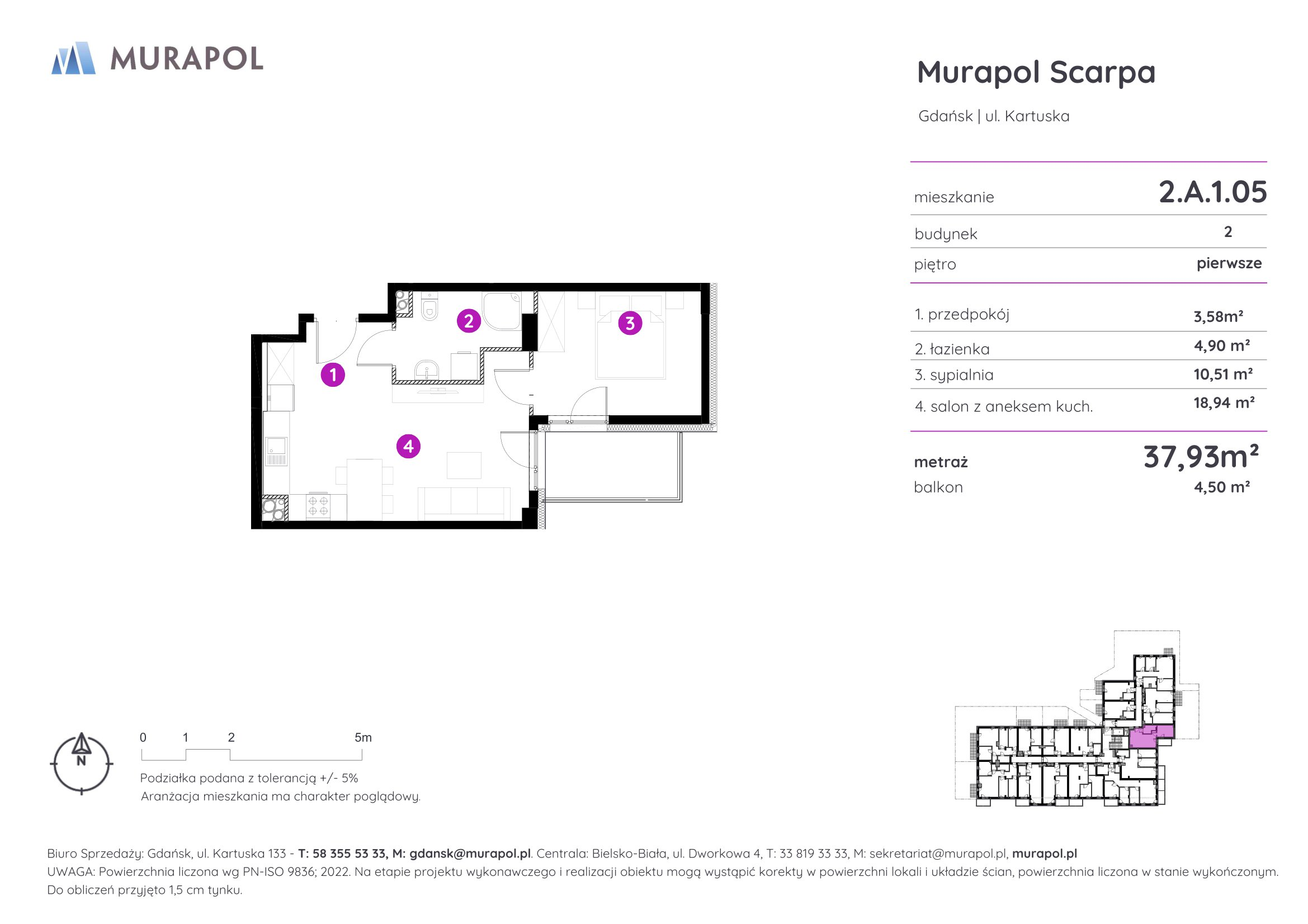 Mieszkanie 37,93 m², piętro 1, oferta nr 2.A.1.05, Murapol Scarpa, Gdańsk, Siedlce, ul. Kartuska-idx