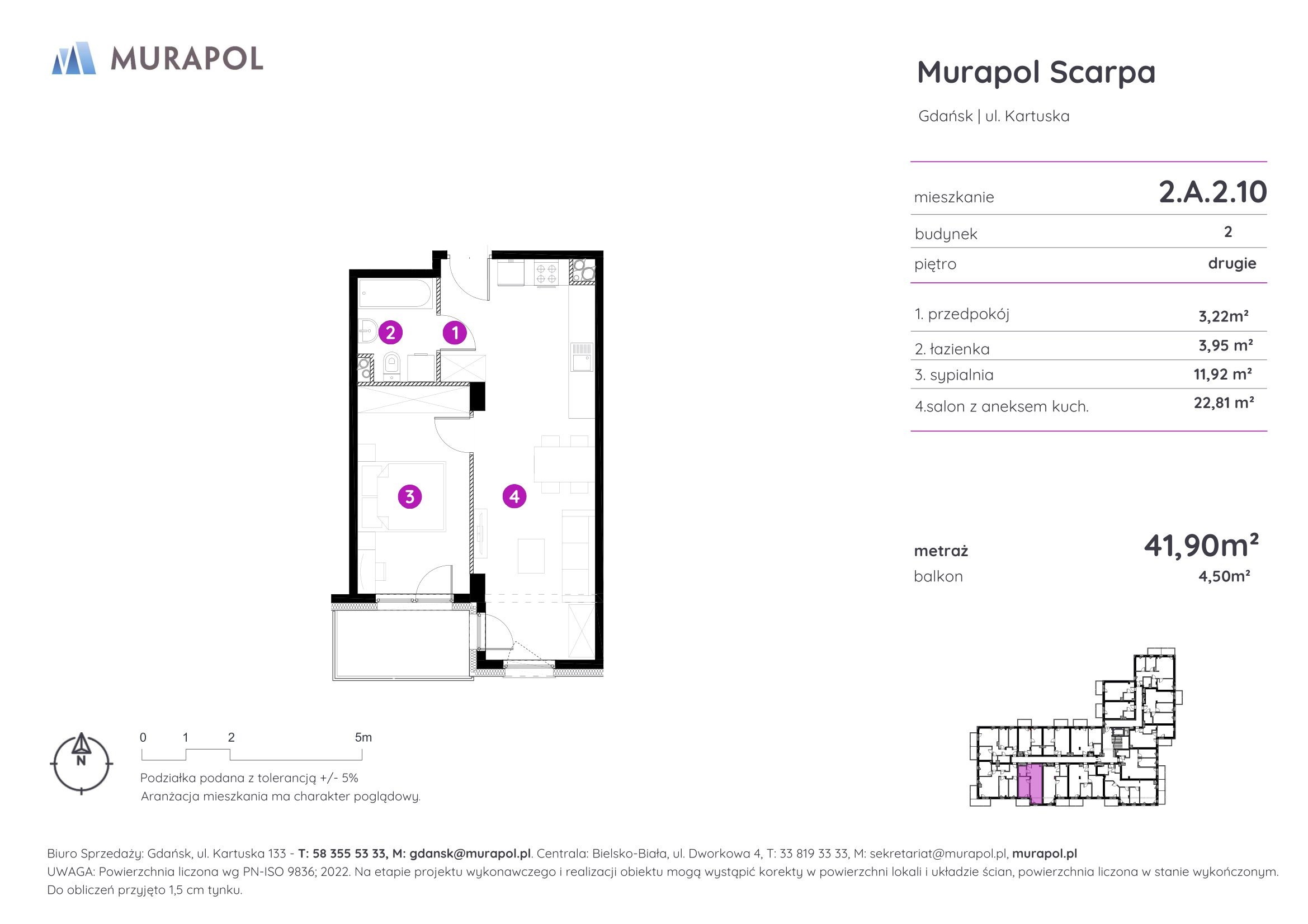 Mieszkanie 41,90 m², piętro 2, oferta nr 2.A.2.10, Murapol Scarpa, Gdańsk, Siedlce, ul. Kartuska-idx