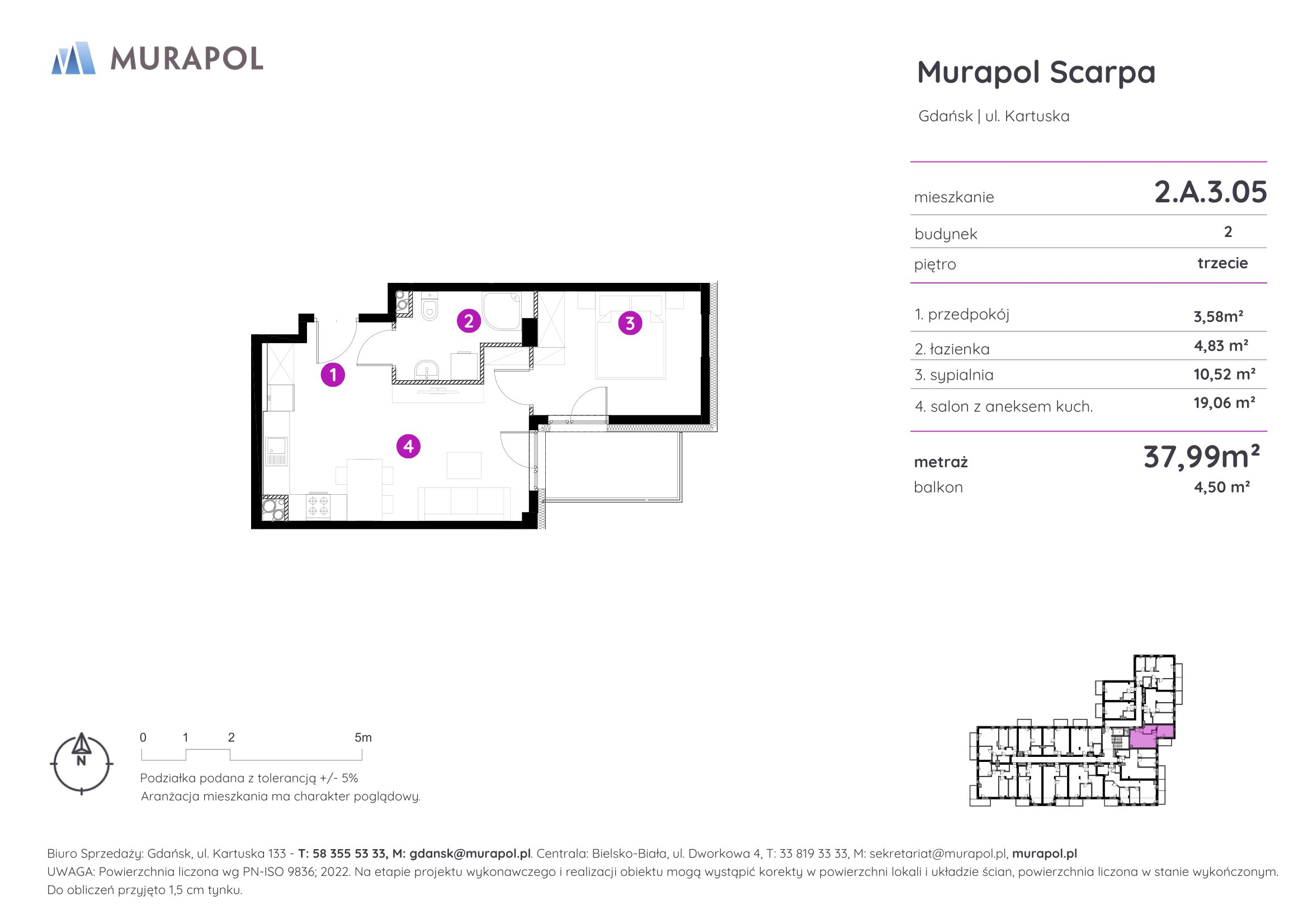 Mieszkanie 37,99 m², piętro 3, oferta nr 2.A.3.05, Murapol Scarpa, Gdańsk, Siedlce, ul. Kartuska-idx