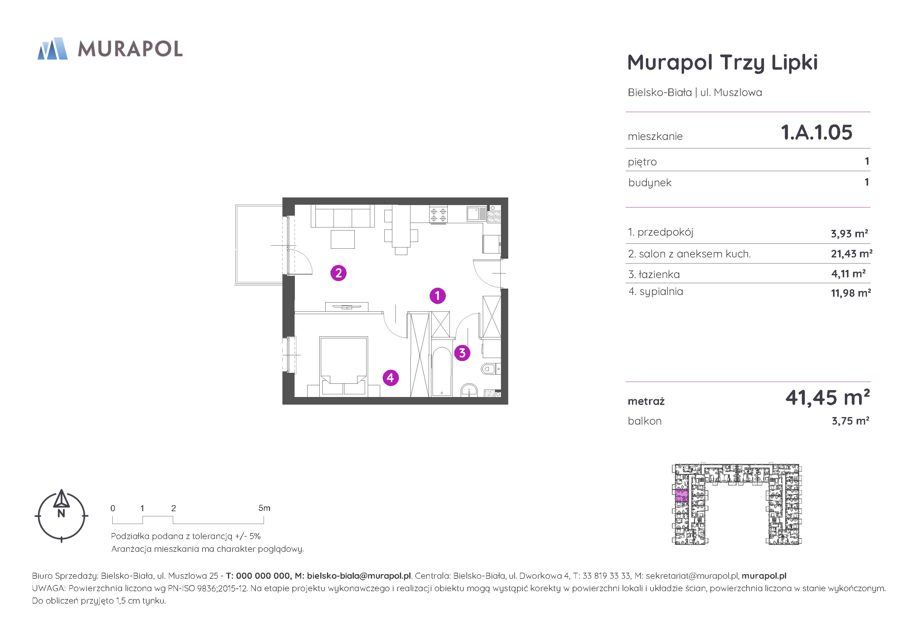 Mieszkanie 41,45 m², piętro 1, oferta nr 1.A.1.05, Murapol Trzy Lipki, Bielsko-Biała, Stare Bielsko, ul. Muszlowa-idx