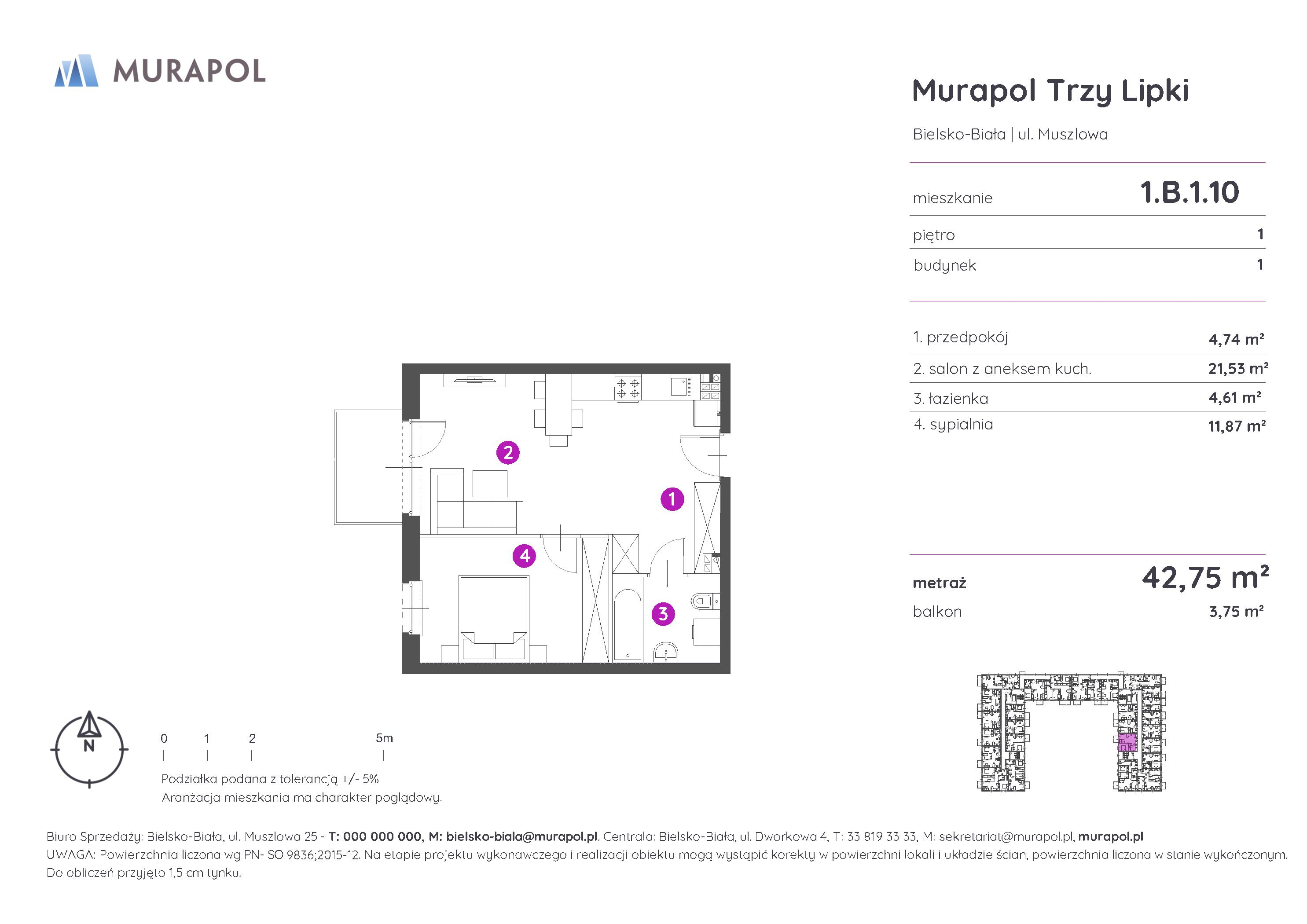 Mieszkanie 42,75 m², piętro 1, oferta nr 1.B.1.10, Murapol Trzy Lipki, Bielsko-Biała, Stare Bielsko, ul. Muszlowa-idx