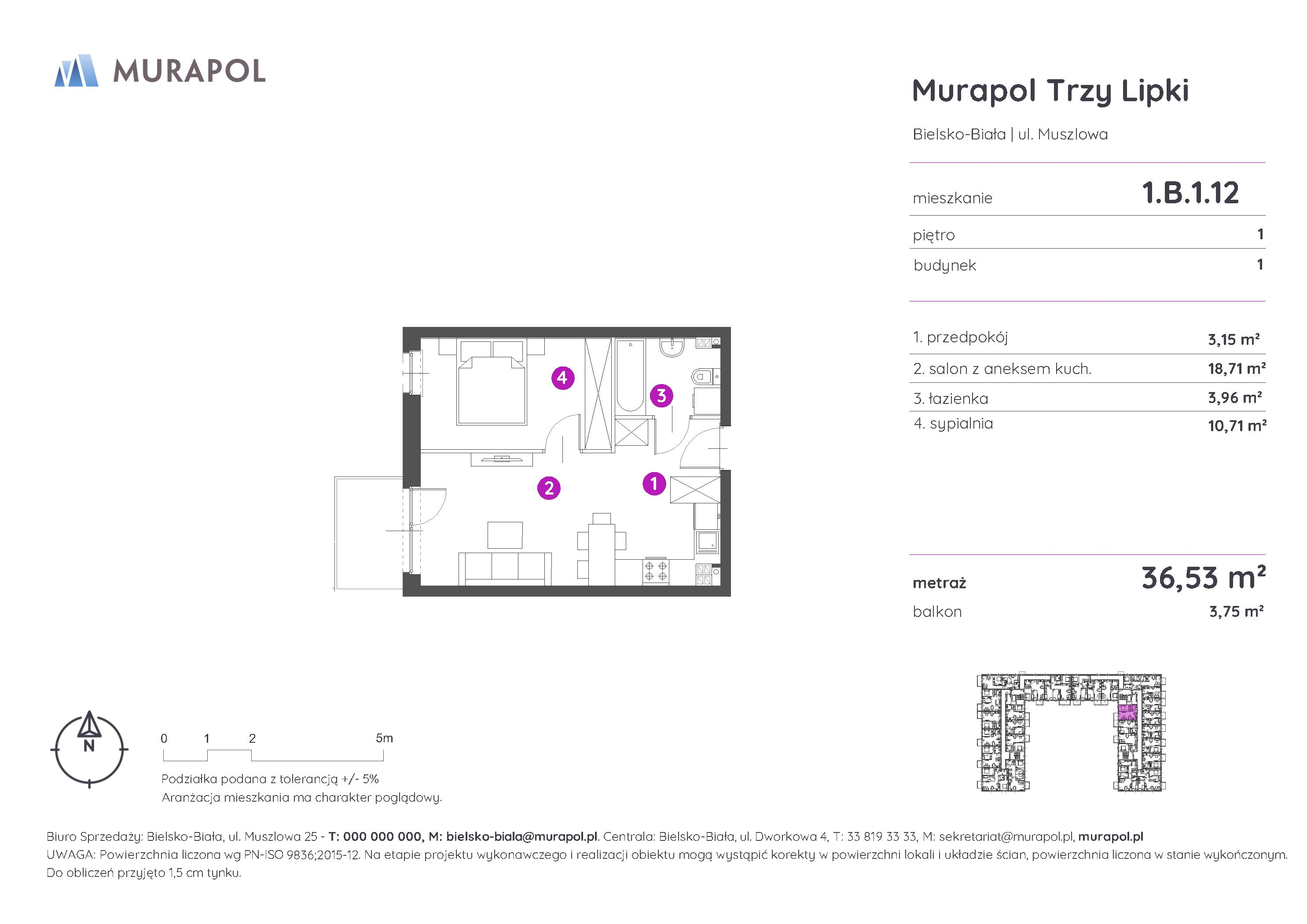 Mieszkanie 36,53 m², piętro 1, oferta nr 1.B.1.12, Murapol Trzy Lipki, Bielsko-Biała, Stare Bielsko, ul. Muszlowa-idx