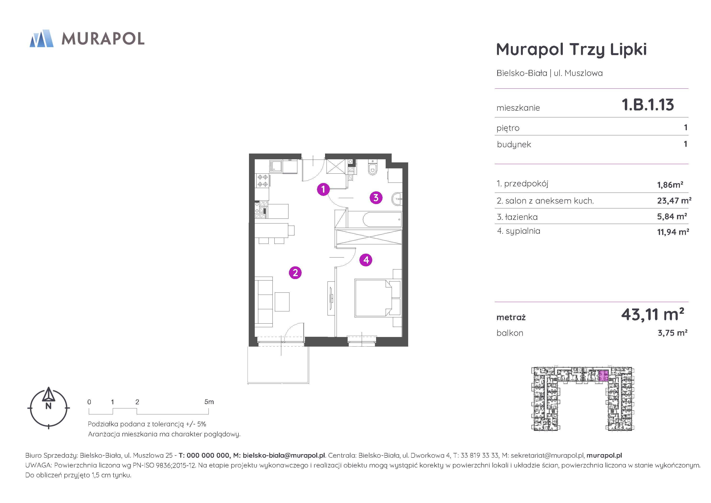 Mieszkanie 43,11 m², piętro 1, oferta nr 1.B.1.13, Murapol Trzy Lipki, Bielsko-Biała, Stare Bielsko, ul. Muszlowa-idx