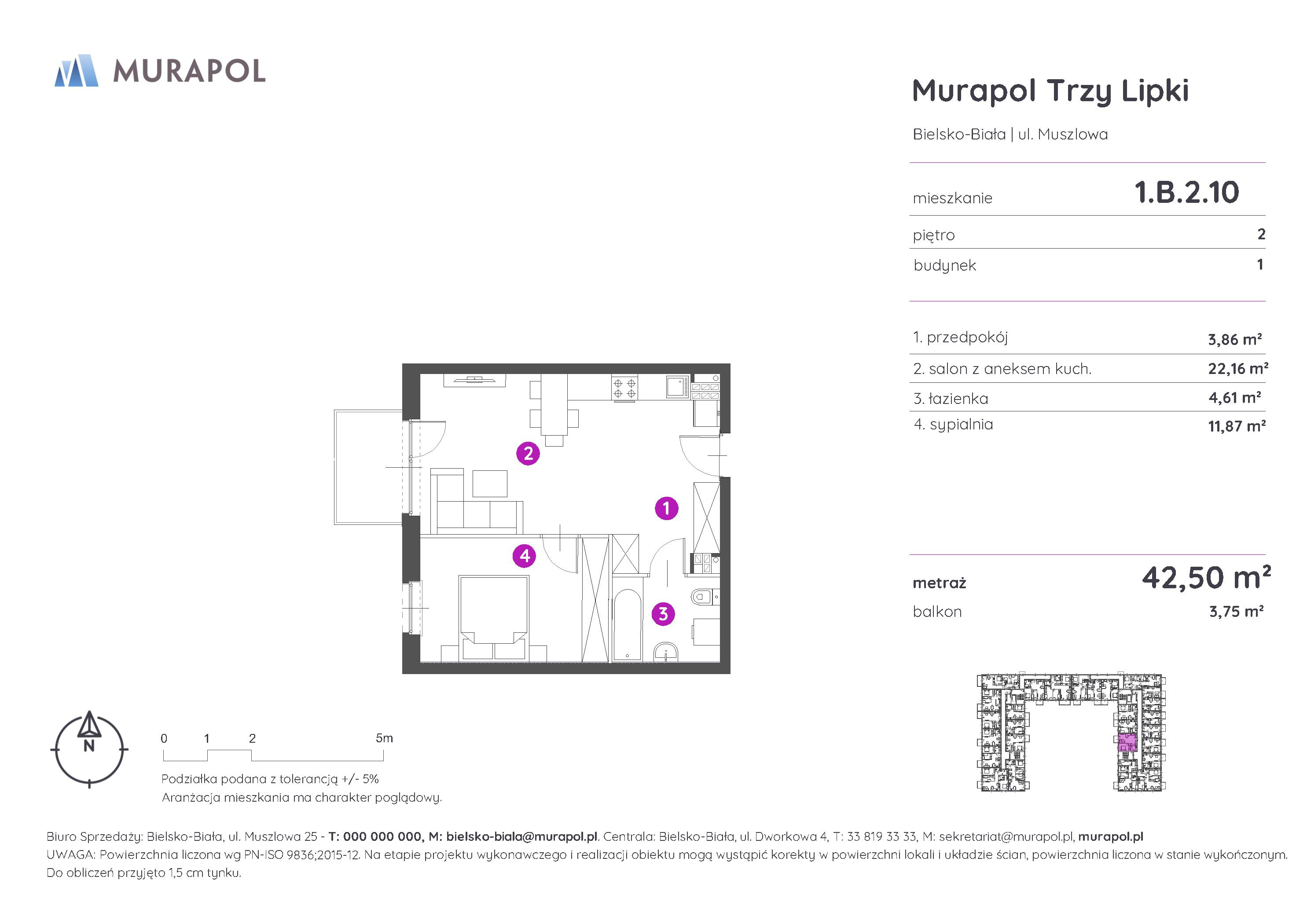 Mieszkanie 42,50 m², piętro 2, oferta nr 1.B.2.10, Murapol Trzy Lipki, Bielsko-Biała, Stare Bielsko, ul. Muszlowa-idx