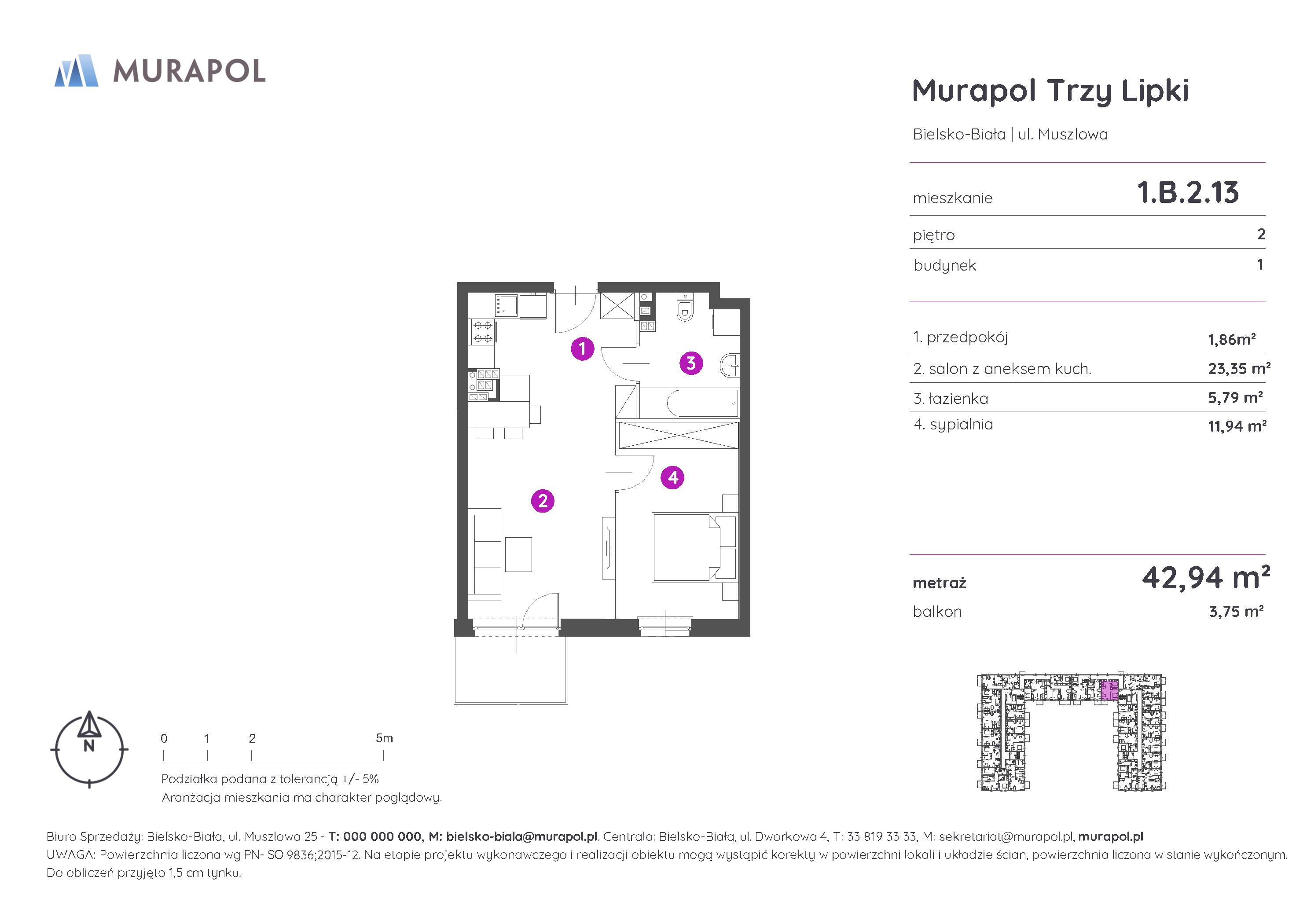 Mieszkanie 42,94 m², piętro 2, oferta nr 1.B.2.13, Murapol Trzy Lipki, Bielsko-Biała, Stare Bielsko, ul. Muszlowa-idx