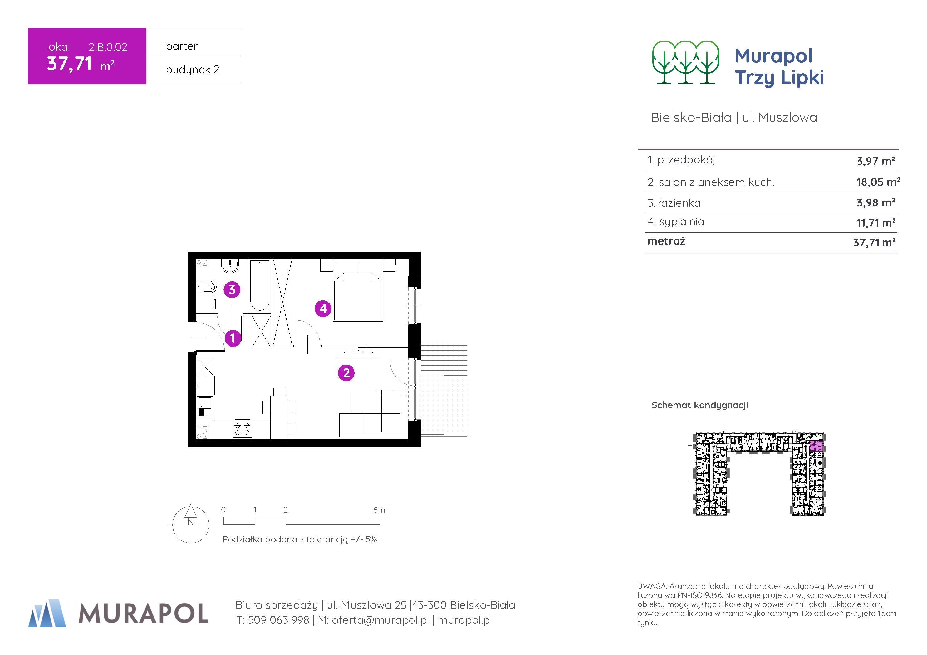 Mieszkanie 37,71 m², parter, oferta nr 2.B.0.02, Murapol Trzy Lipki, Bielsko-Biała, Stare Bielsko, ul. Muszlowa-idx