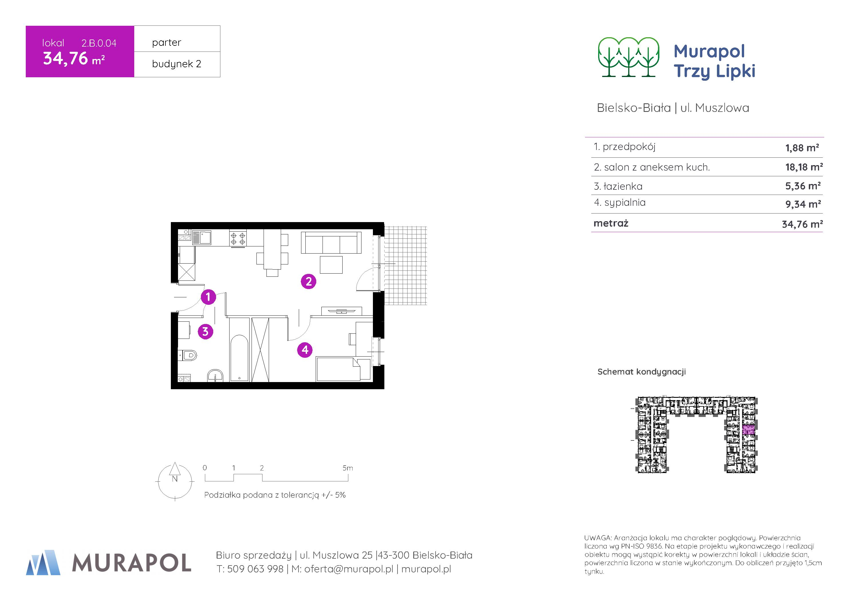 Mieszkanie 34,76 m², parter, oferta nr 2.B.0.04, Murapol Trzy Lipki, Bielsko-Biała, Stare Bielsko, ul. Muszlowa-idx