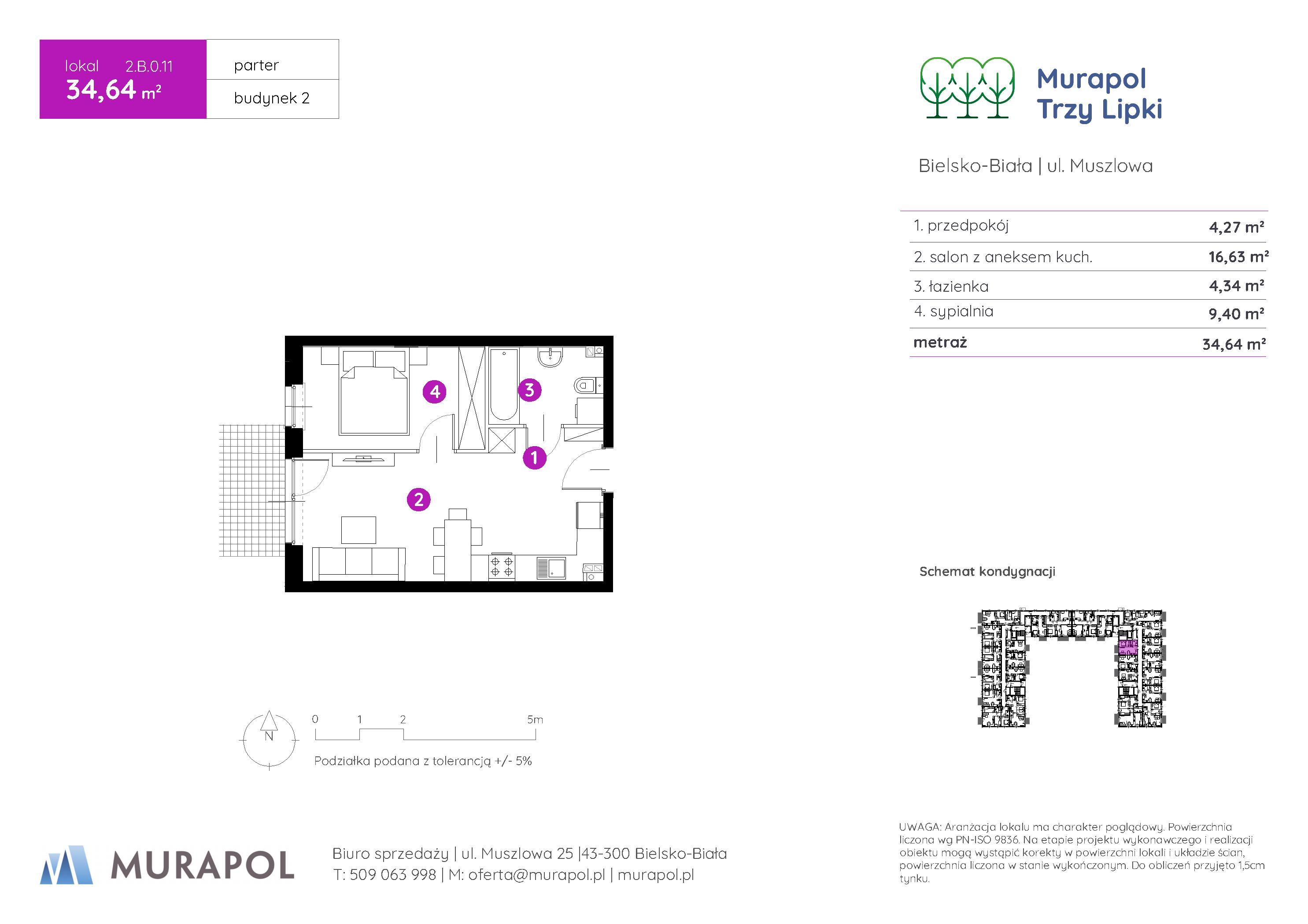 Mieszkanie 34,64 m², parter, oferta nr 2.B.0.11, Murapol Trzy Lipki, Bielsko-Biała, Stare Bielsko, ul. Muszlowa-idx