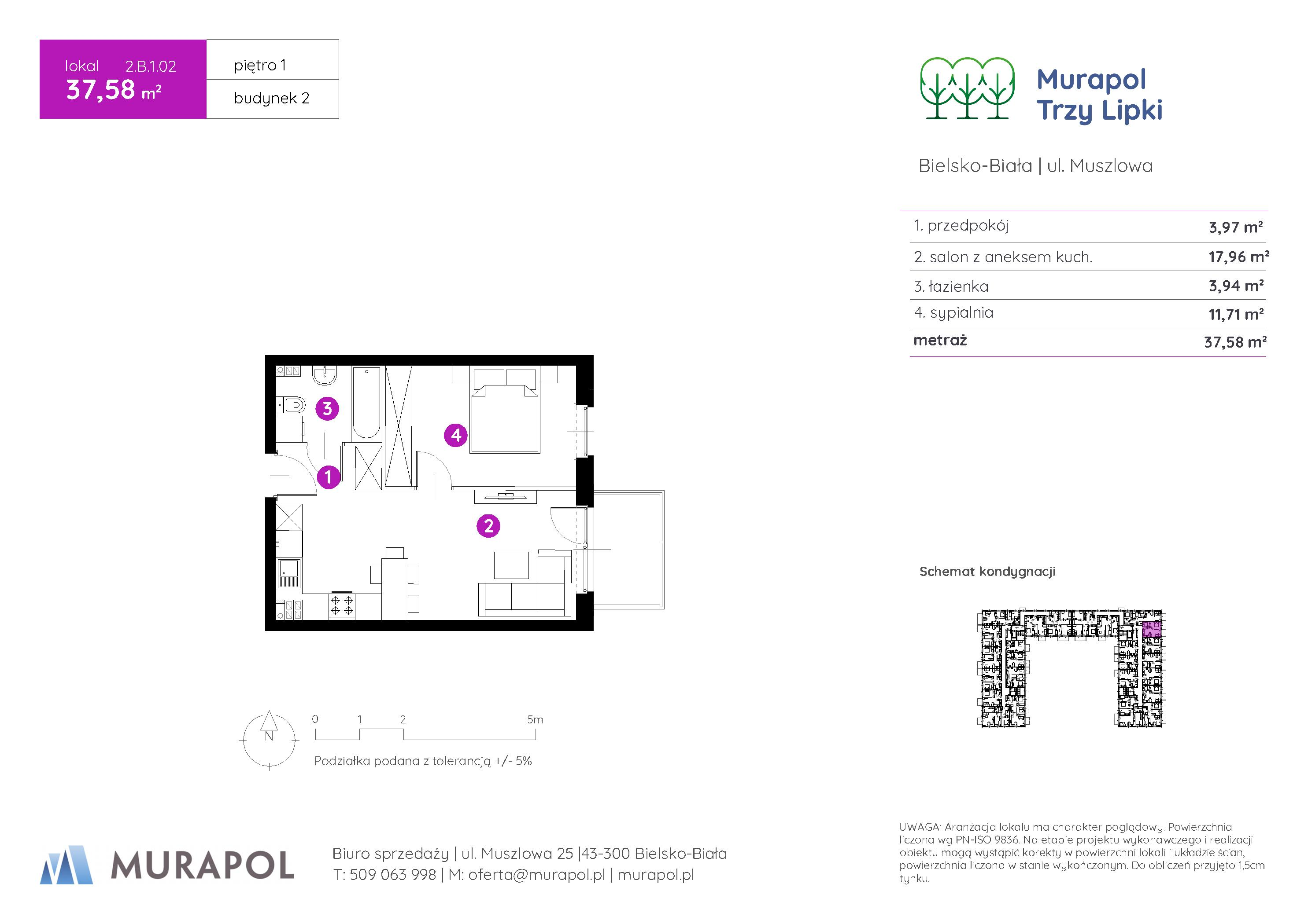 Mieszkanie 37,58 m², piętro 1, oferta nr 2.B.1.02, Murapol Trzy Lipki, Bielsko-Biała, Stare Bielsko, ul. Muszlowa-idx