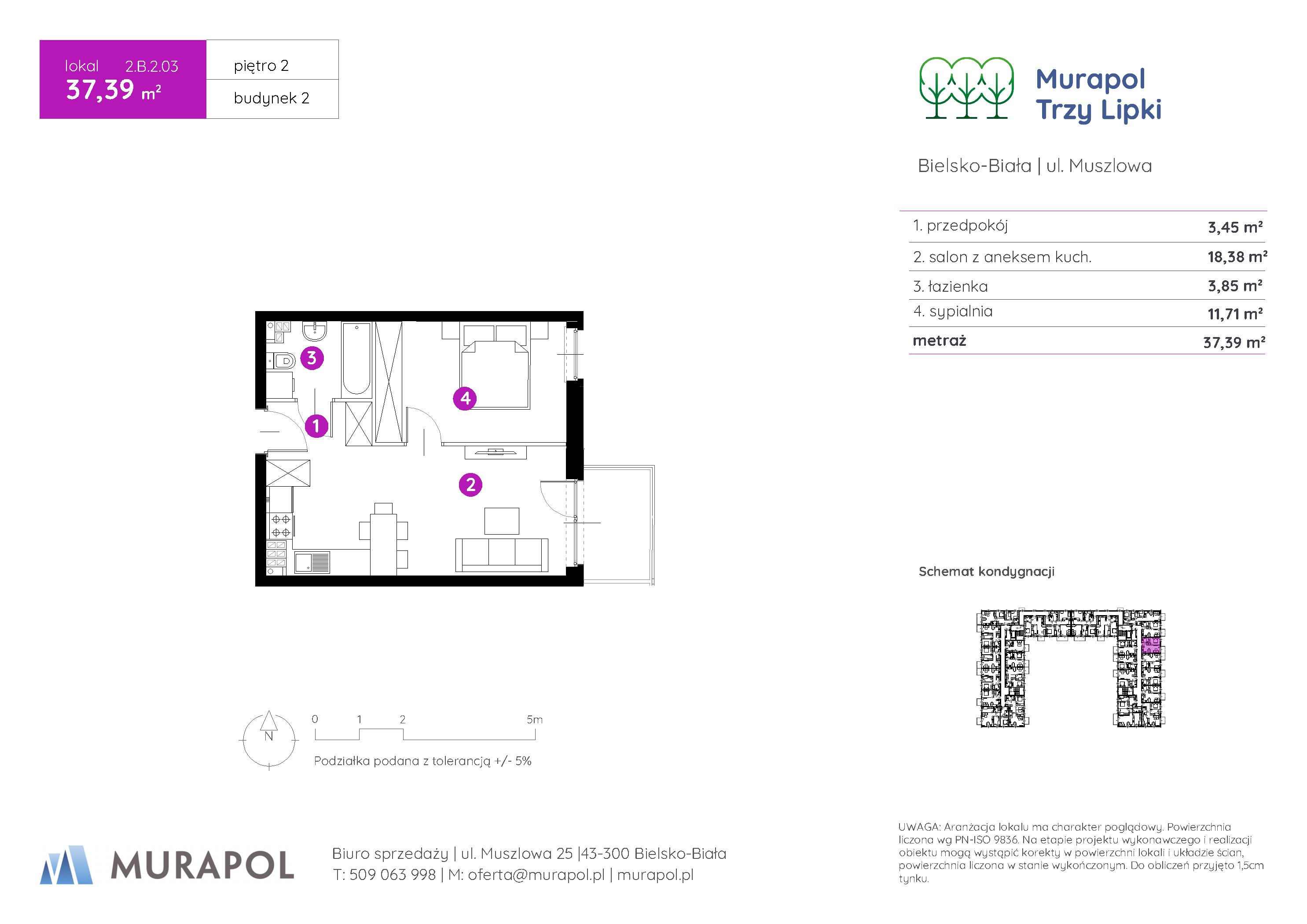 Mieszkanie 37,39 m², piętro 2, oferta nr 2.B.2.03, Murapol Trzy Lipki, Bielsko-Biała, Stare Bielsko, ul. Muszlowa-idx