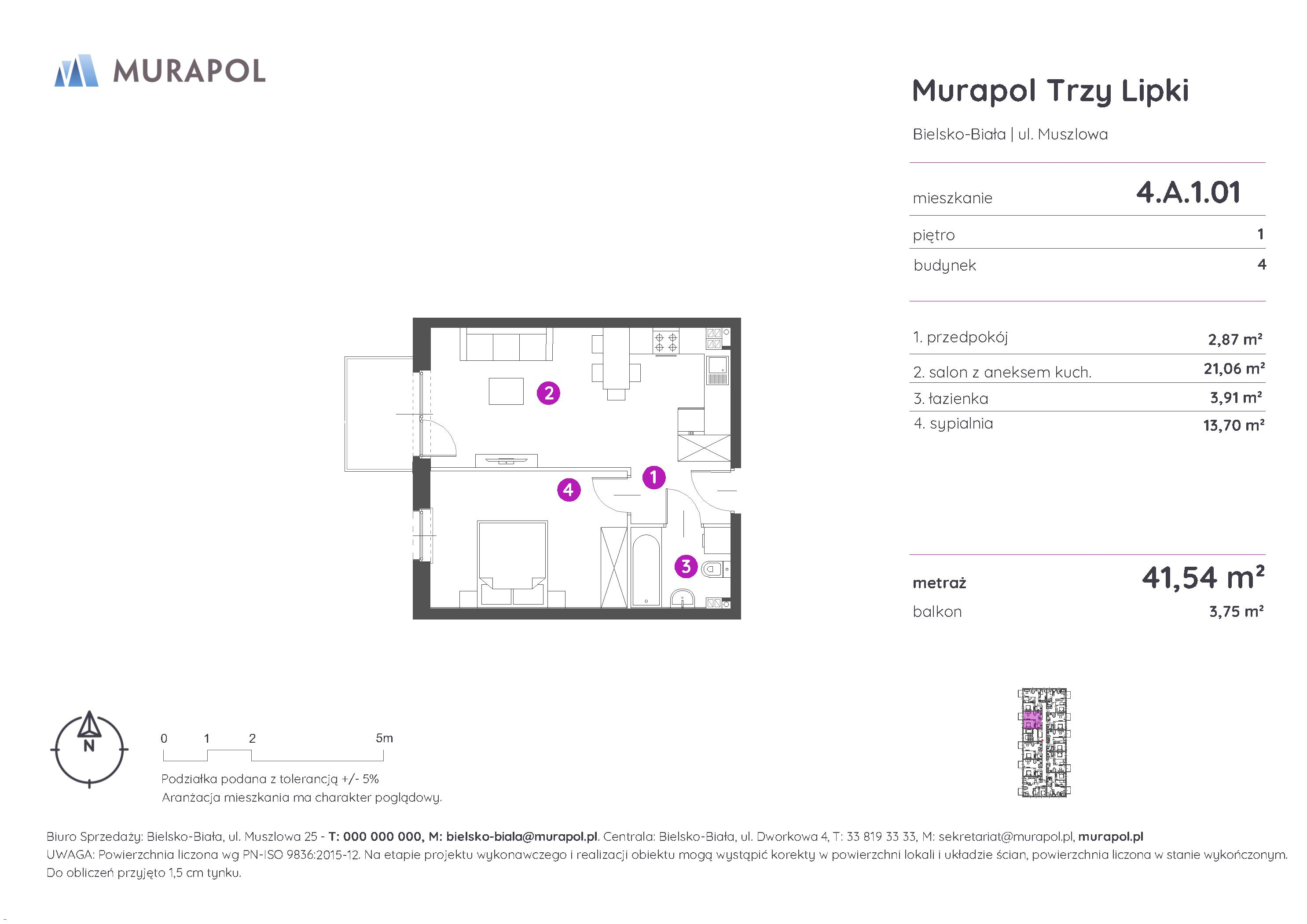 Mieszkanie 41,54 m², piętro 1, oferta nr 4.A.1.01, Murapol Trzy Lipki, Bielsko-Biała, Stare Bielsko, ul. Muszlowa-idx