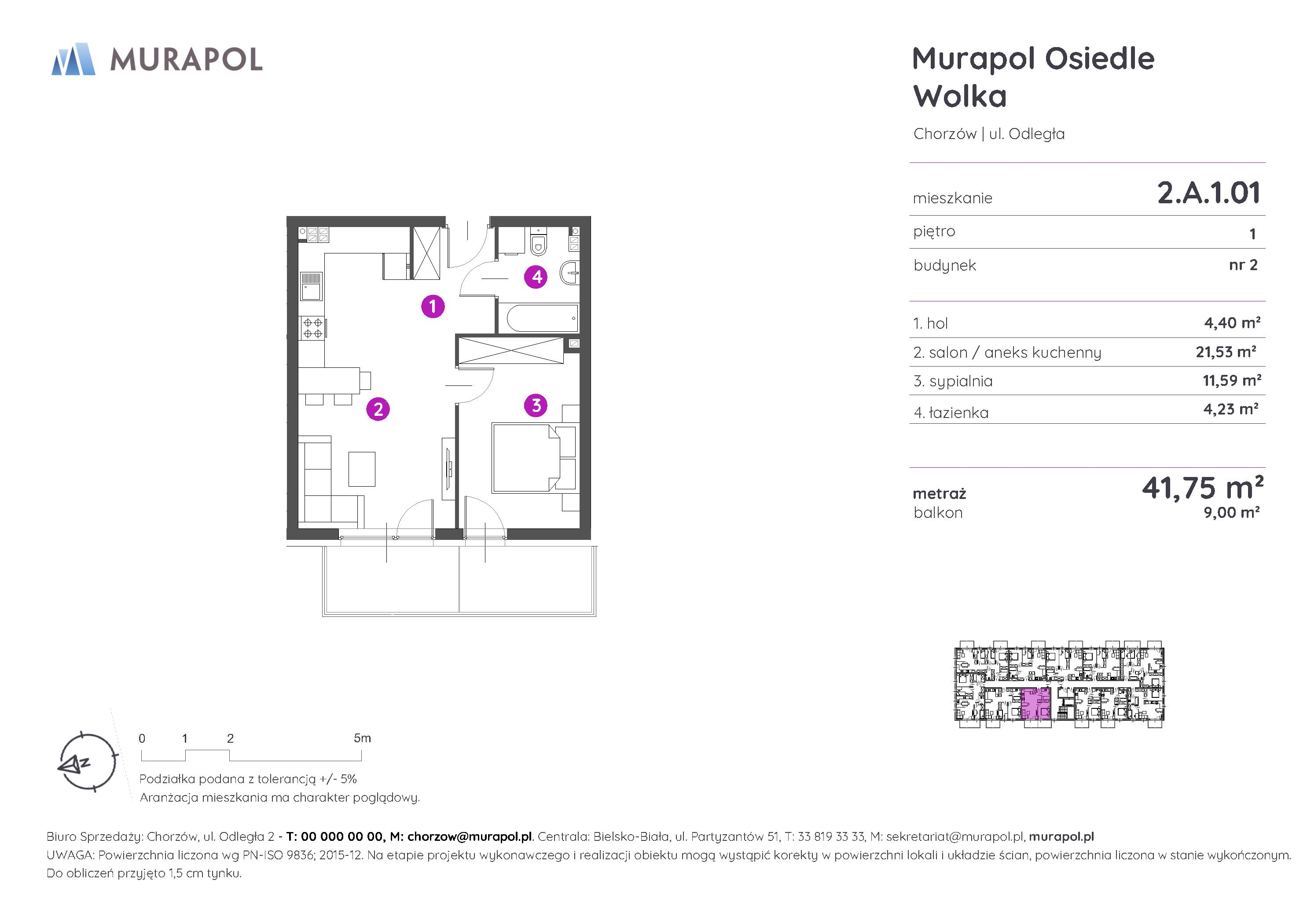 Mieszkanie 41,75 m², piętro 1, oferta nr 2.A.1.01, Murapol Osiedle Wolka, Chorzów, Centrum, ul. Odległa-idx