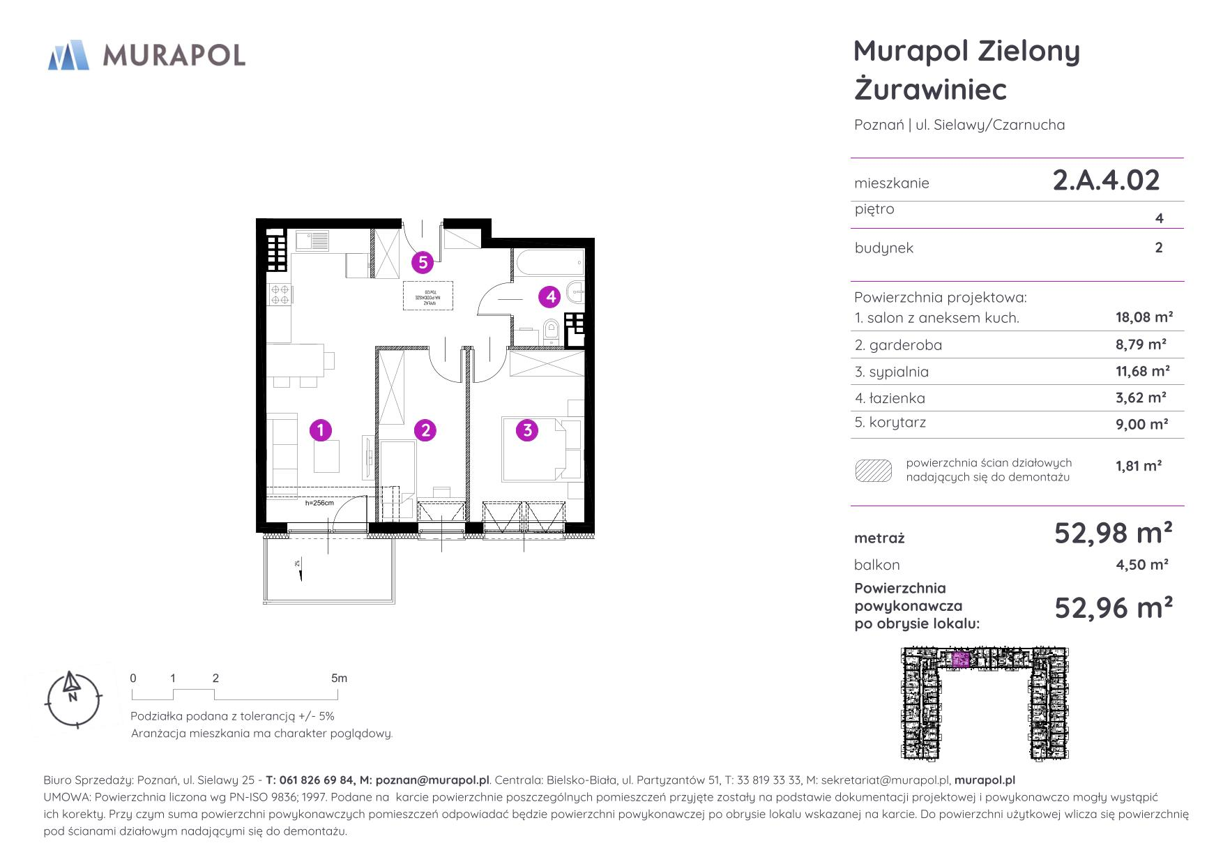 Mieszkanie 52,96 m², piętro 4, oferta nr 2.A.4.02, Murapol Zielony Żurawiniec - Gotowe mieszkania, Poznań, Naramowice, ul. Sielawy-idx