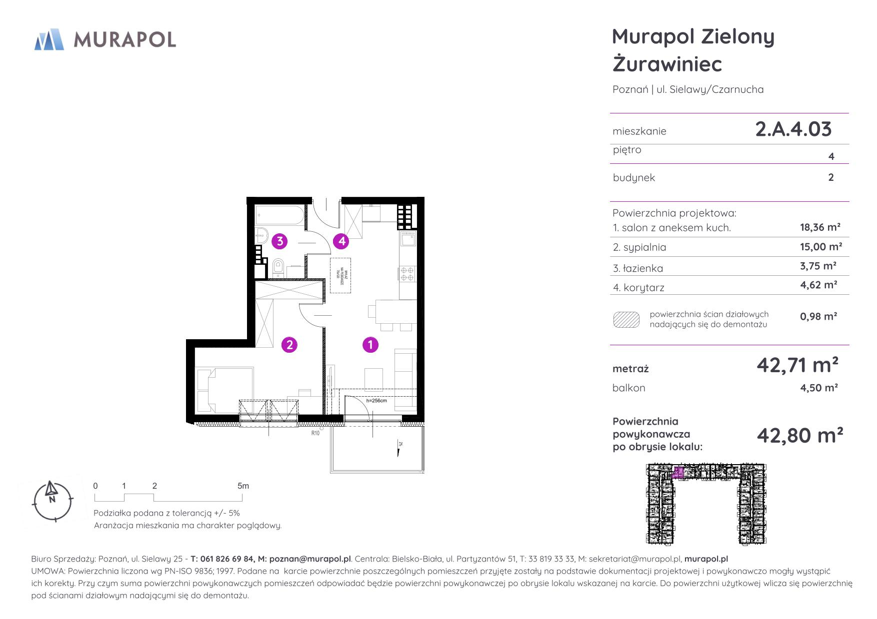 Mieszkanie 42,80 m², piętro 4, oferta nr 2.A.4.03, Murapol Zielony Żurawiniec - Gotowe mieszkania, Poznań, Naramowice, ul. Sielawy-idx