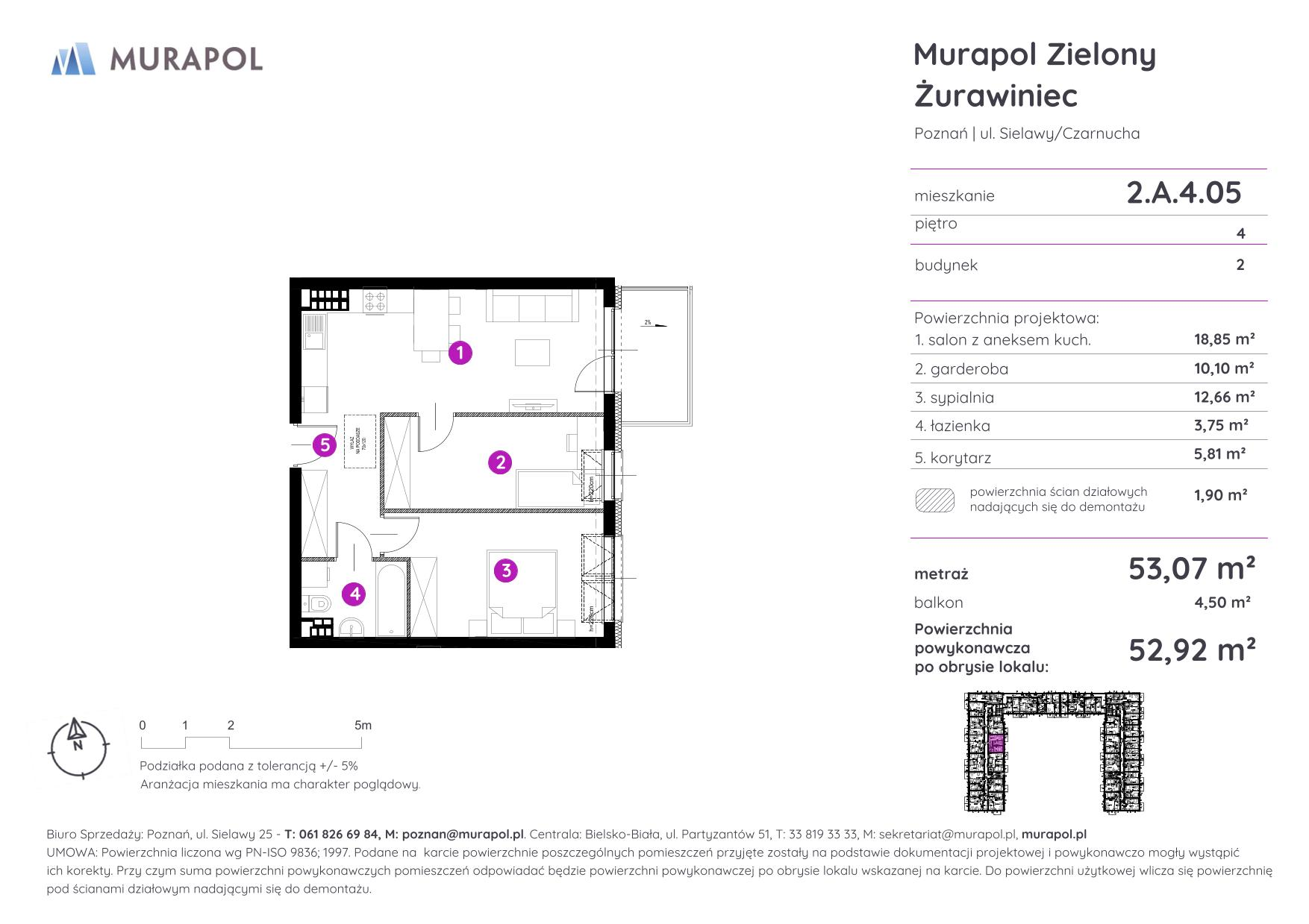 Mieszkanie 52,92 m², piętro 4, oferta nr 2.A.4.05, Murapol Zielony Żurawiniec - Gotowe mieszkania, Poznań, Naramowice, ul. Sielawy-idx