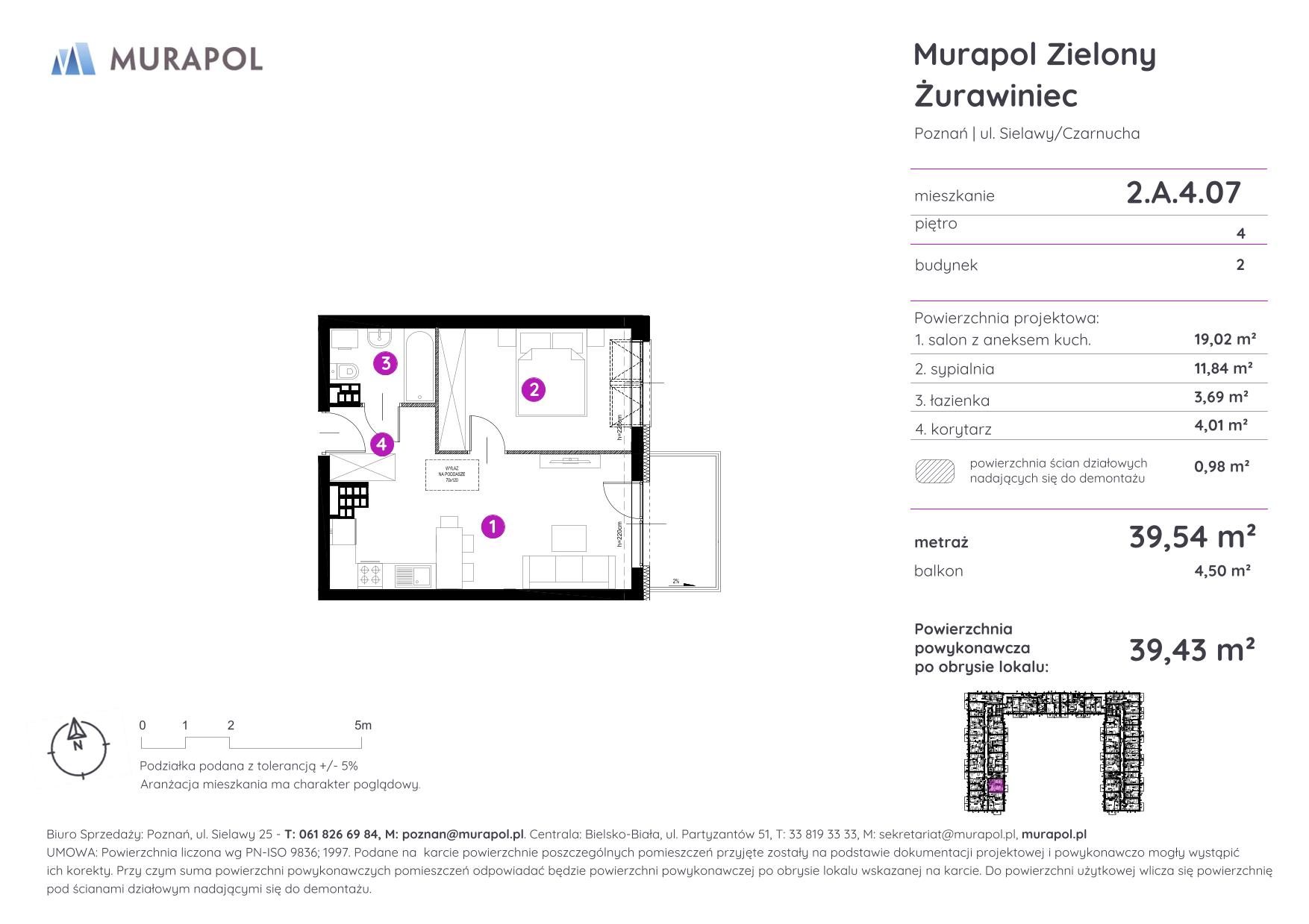 Mieszkanie 39,43 m², piętro 4, oferta nr 2.A.4.07, Murapol Zielony Żurawiniec - Gotowe mieszkania, Poznań, Naramowice, ul. Sielawy-idx