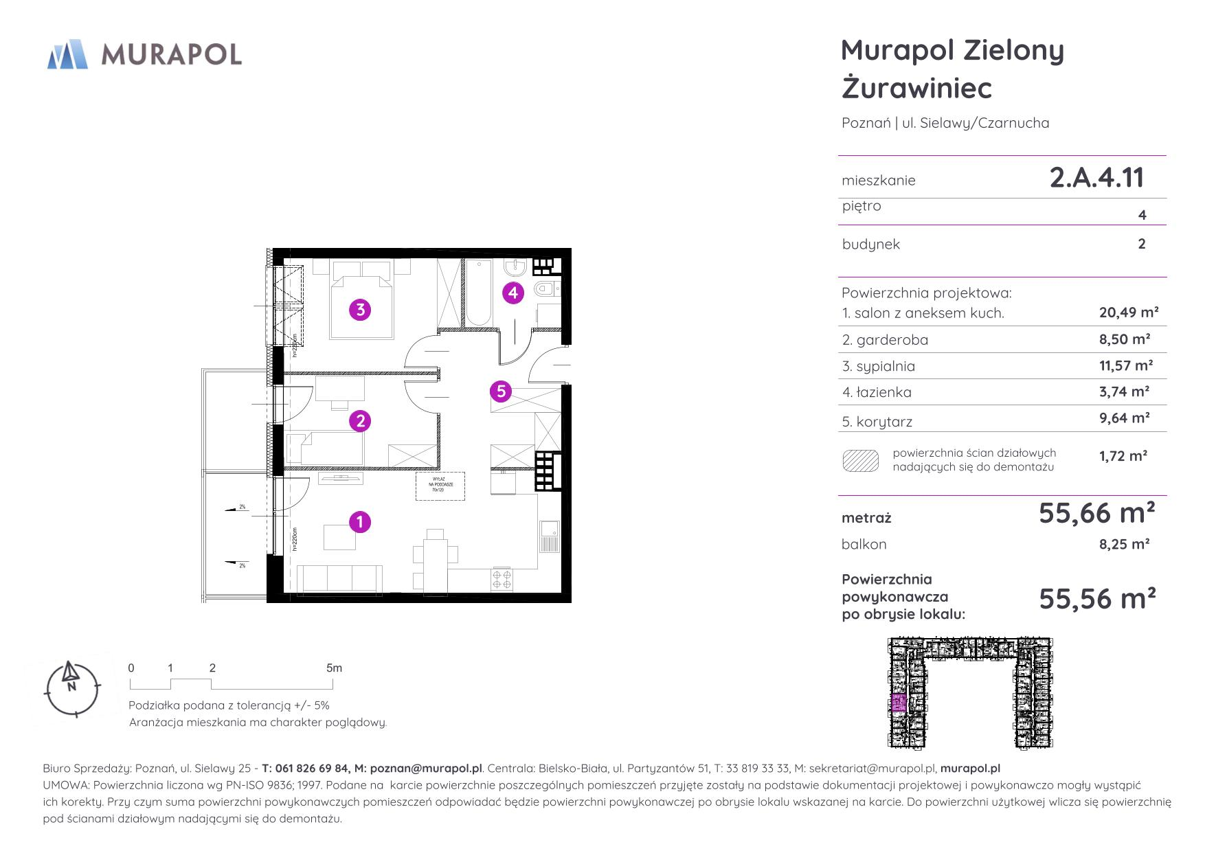 Mieszkanie 55,56 m², piętro 4, oferta nr 2.A.4.11, Murapol Zielony Żurawiniec - Gotowe mieszkania, Poznań, Naramowice, ul. Sielawy-idx